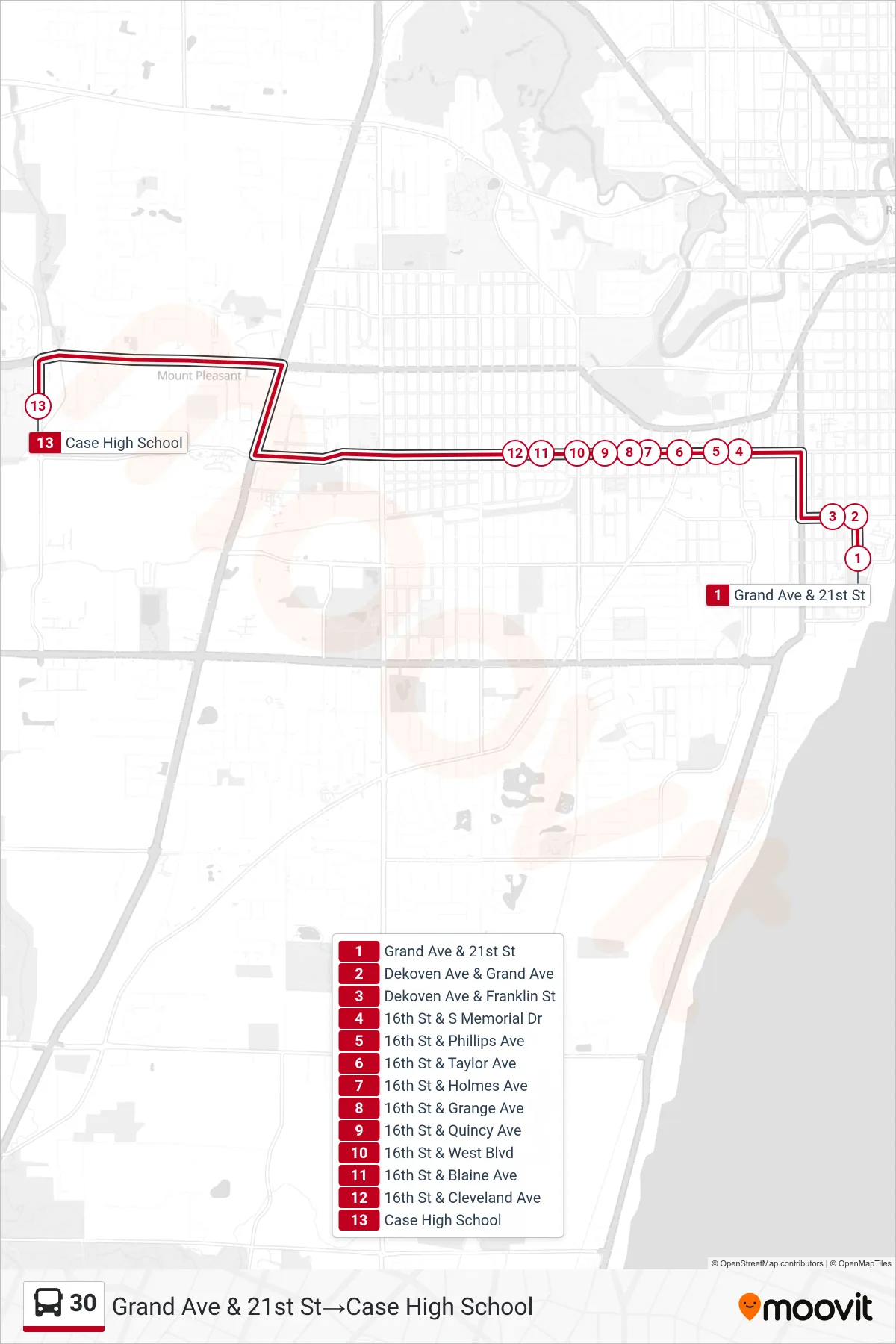 30 bus Line (Grand Ave & 21st St→Case High School) route and stops on a map