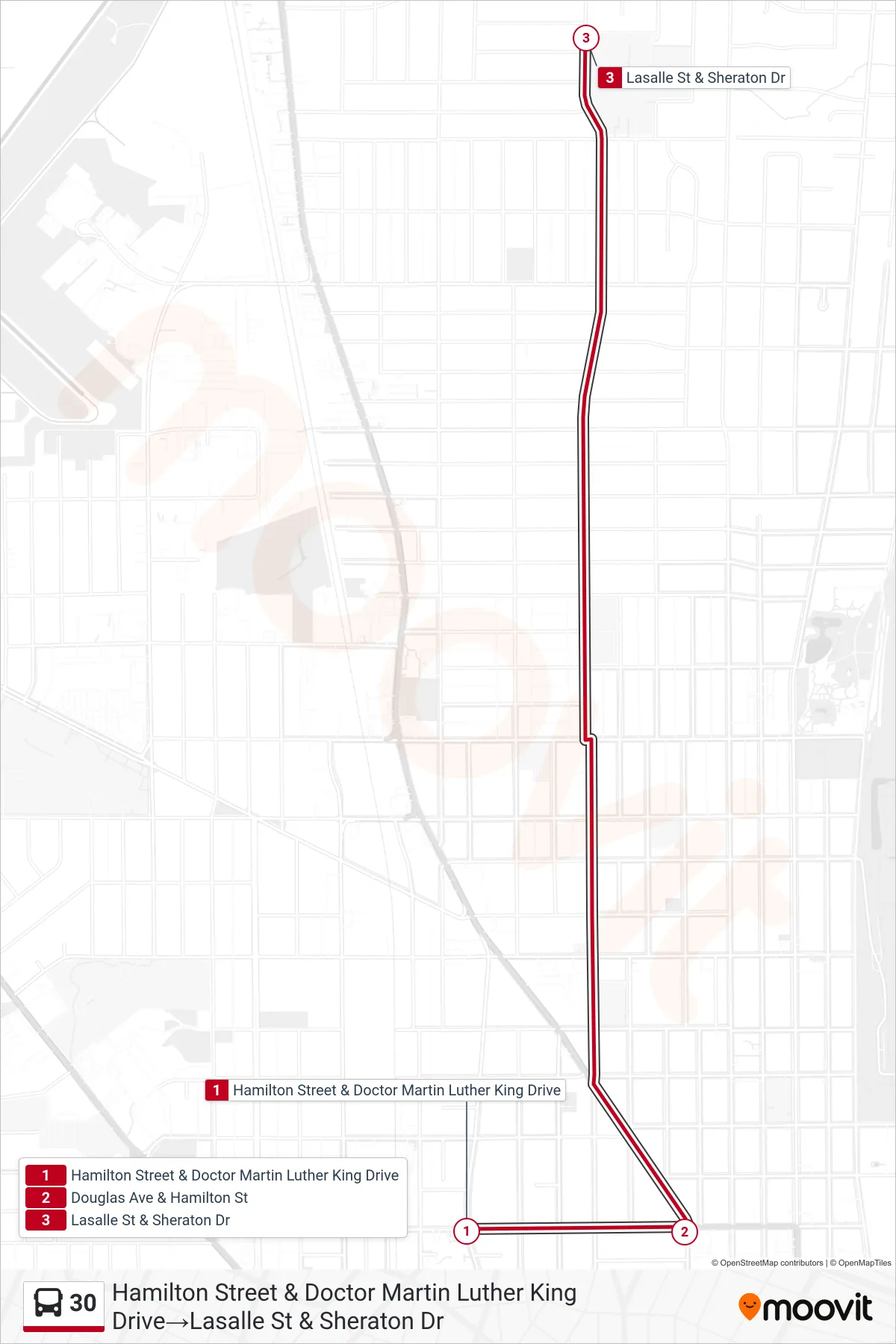 Recorrido y paradas de la línea 30 de autobús (Hamilton Street & Doctor Martin Luther King Drive→Lasalle St & Sheraton Dr) en el mapa