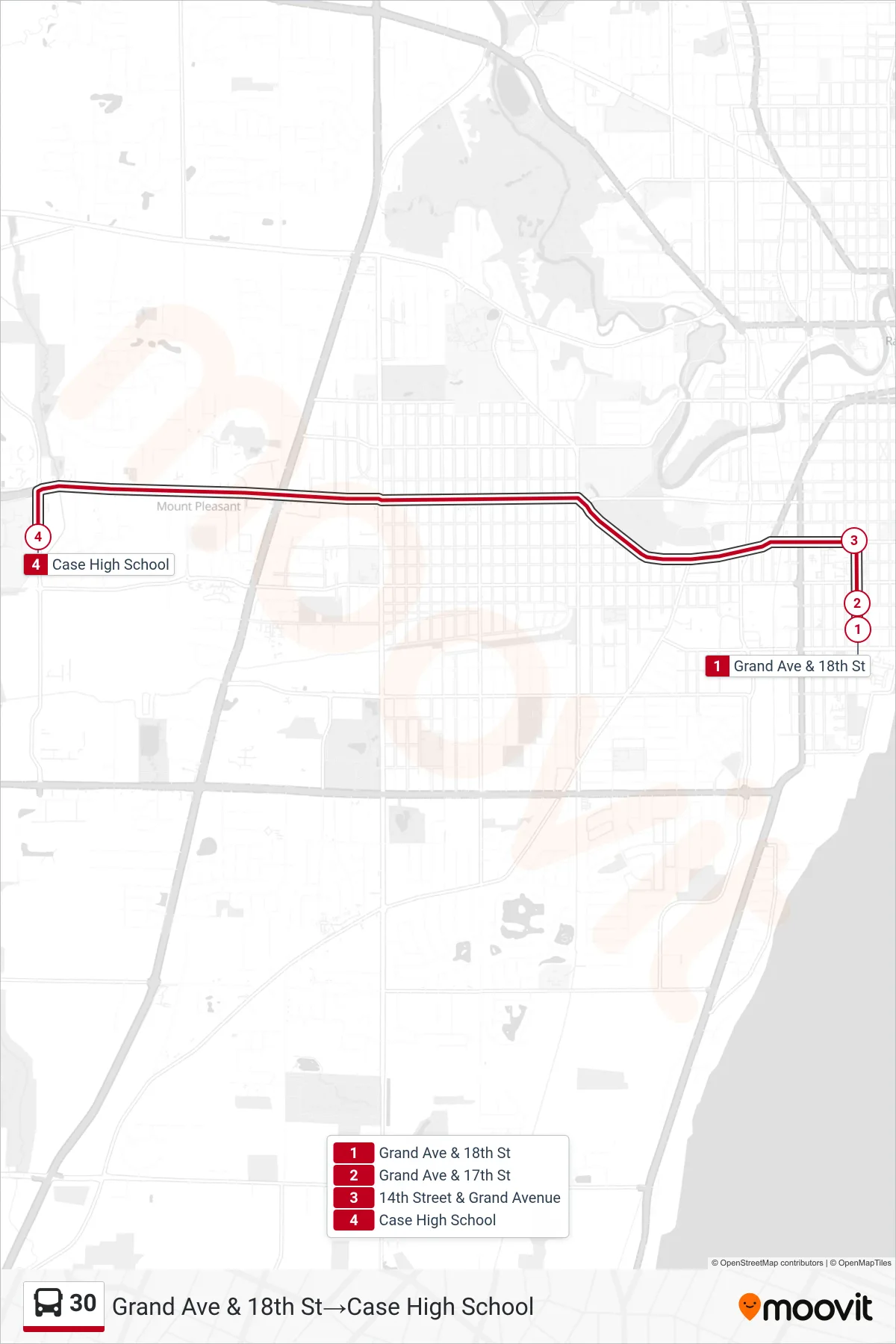 30 bus Line (Grand Ave & 18th St‎→Case High School) route and stops on a map