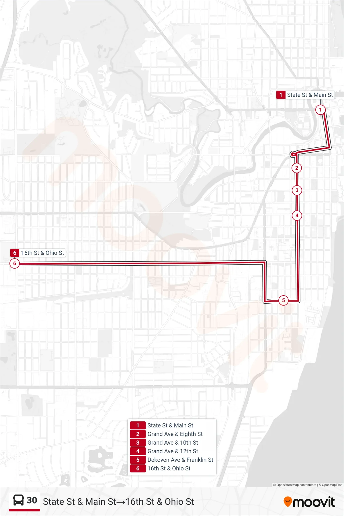 30 bus Line (State St & Main St‎→16th St & Ohio St) route and stops on a map