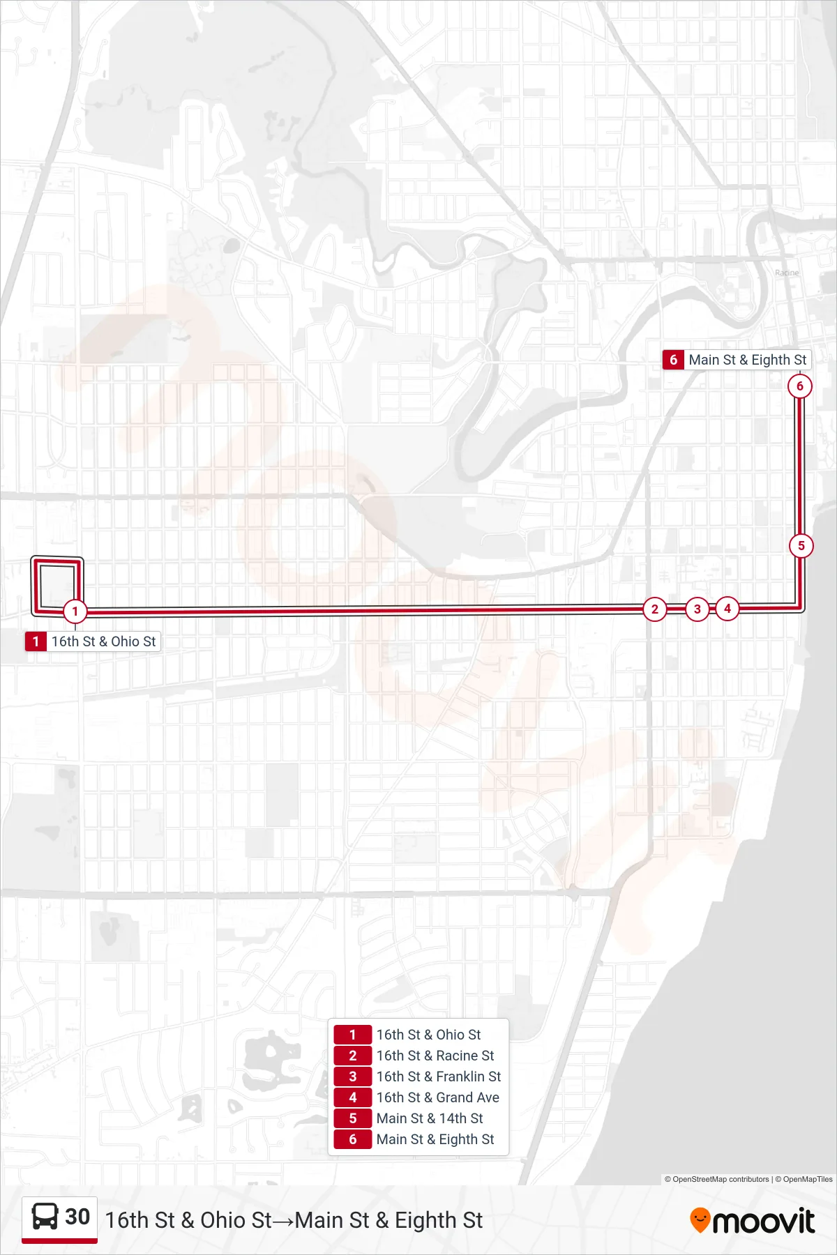 Recorrido y paradas de la línea 30 de autobús (16th St & Ohio St→Main St & Eighth St) en el mapa