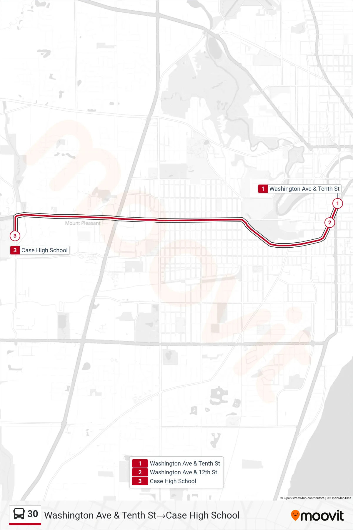 30 bus Line (Washington Ave & Tenth St‎→Case High School) route and stops on a map
