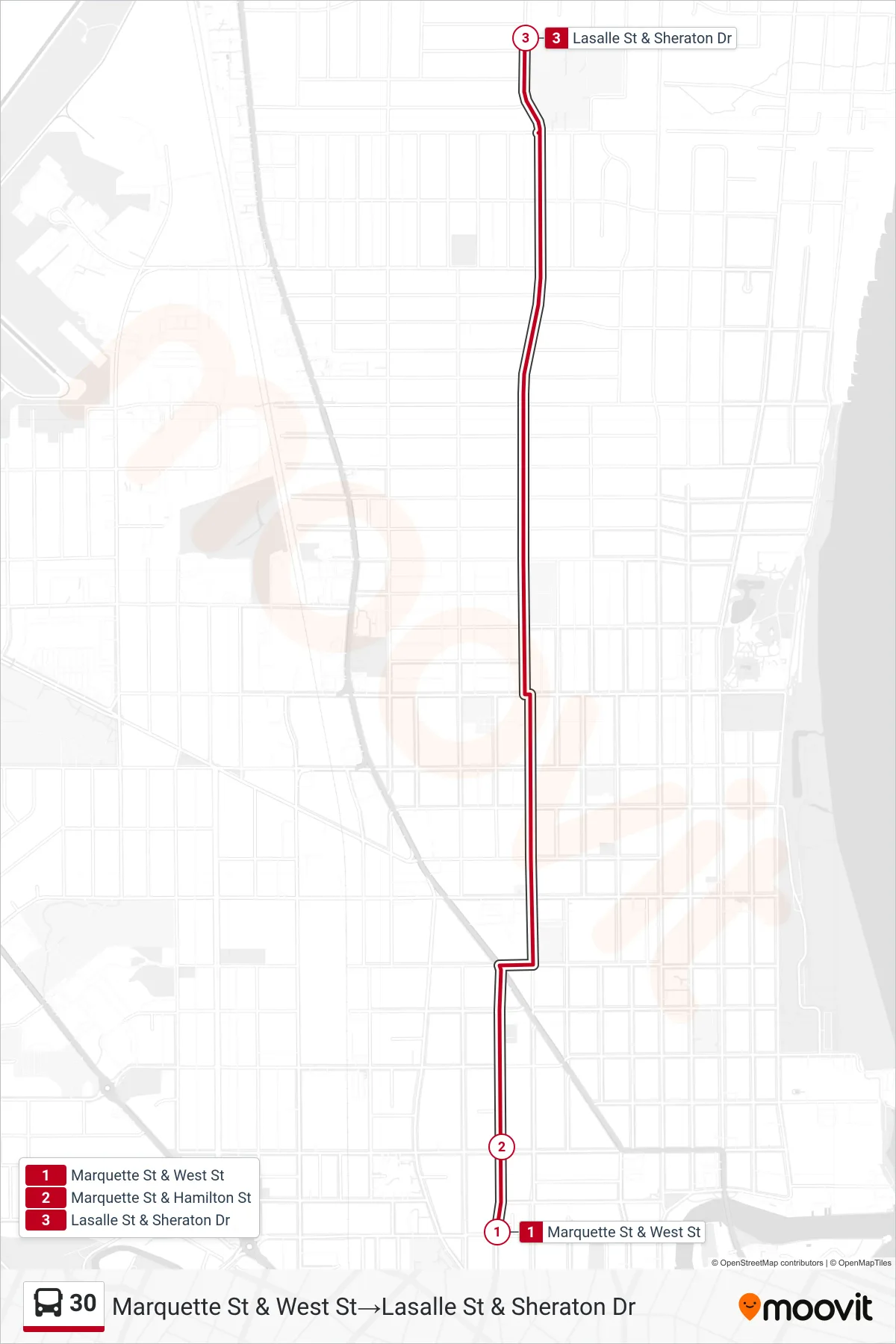 30 bus Line (Marquette St & West St→Lasalle St & Sheraton Dr) route and stops on a map