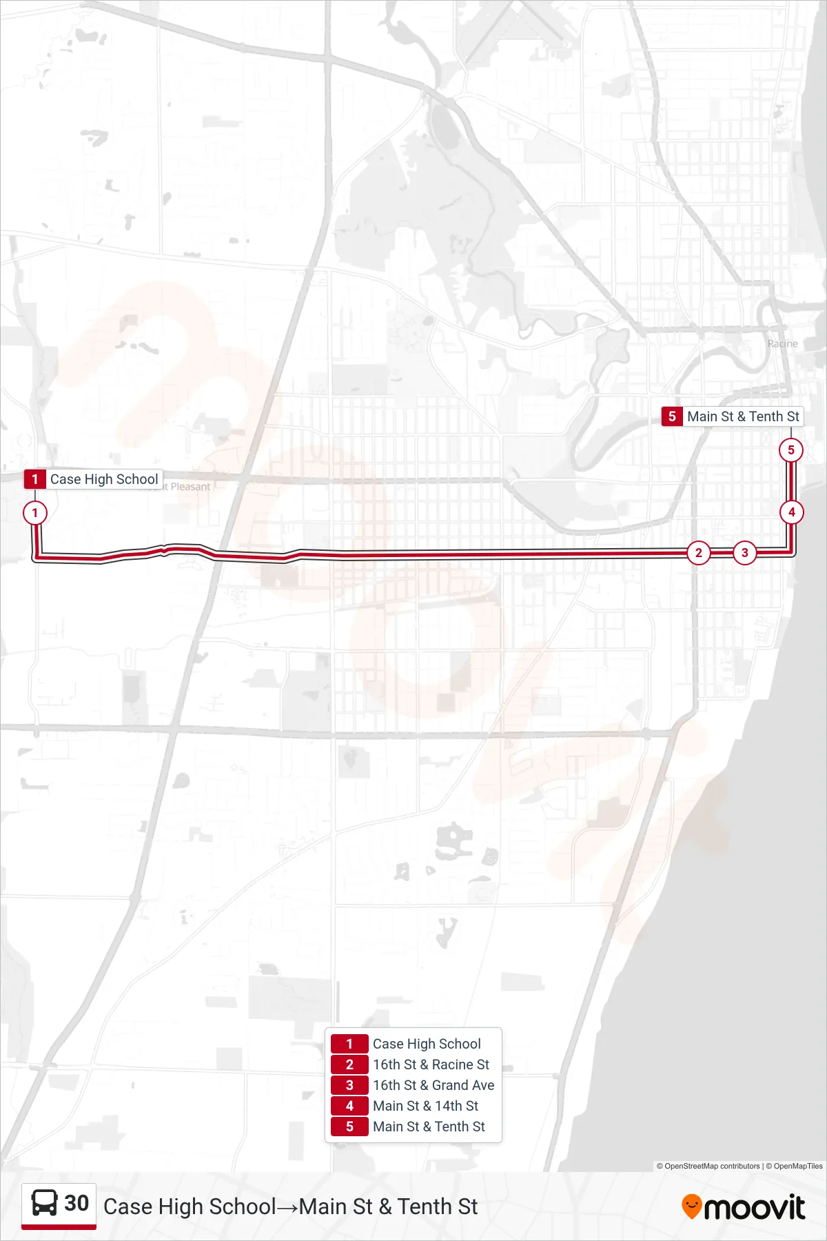 30 bus Line (Case High School→Main St & Tenth St) route and stops on a map