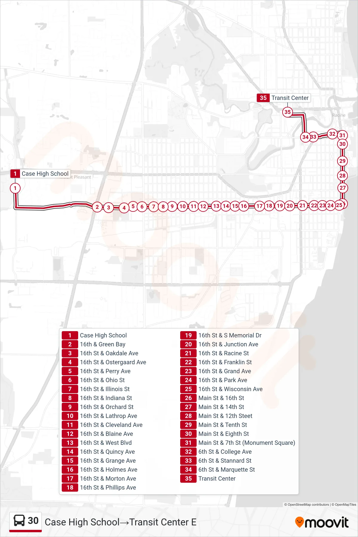 30 bus Line (Case High School→Transit Center E) route and stops on a map