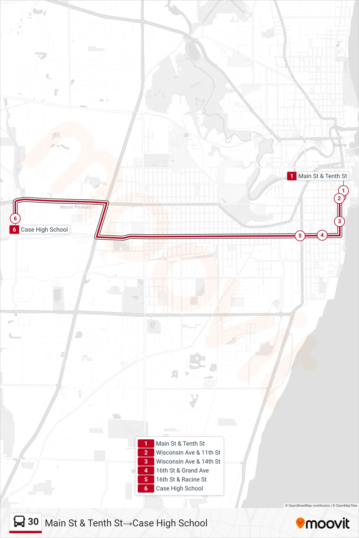 30 bus Line (Main St & Tenth St→Case High School) route and stops on a map