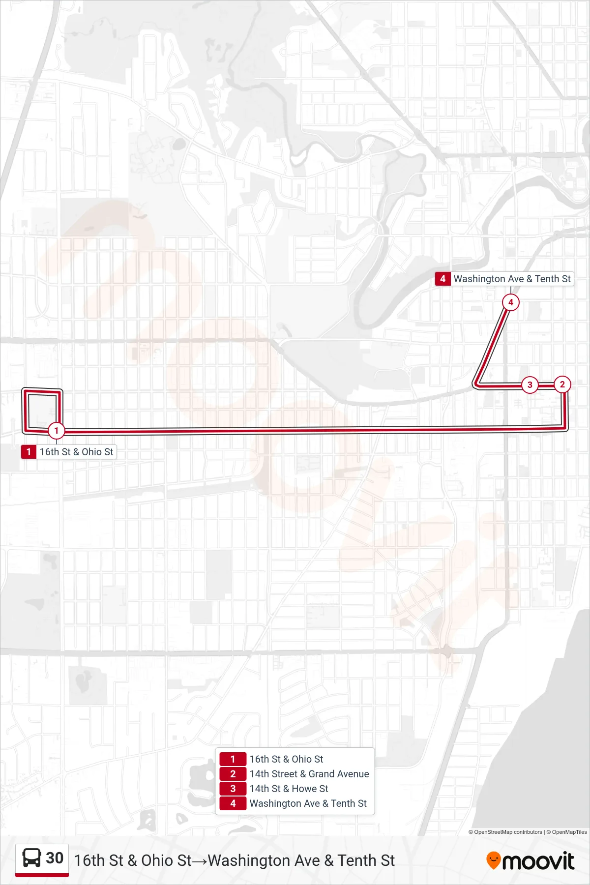 Recorrido y paradas de la línea 30 de autobús (16th St & Ohio St→Washington Ave & Tenth St) en el mapa