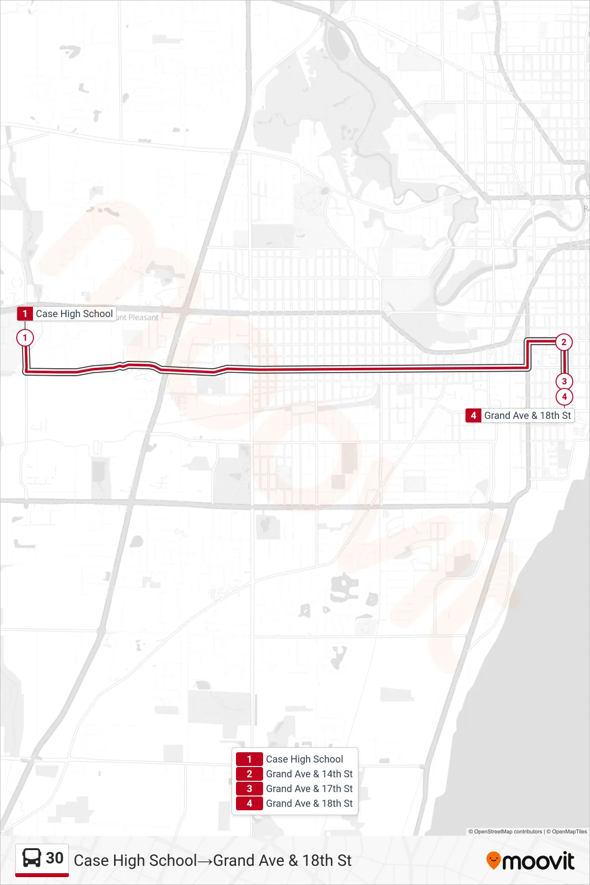30 bus Line (Case High School‎→Grand Ave & 18th St) route and stops on a map