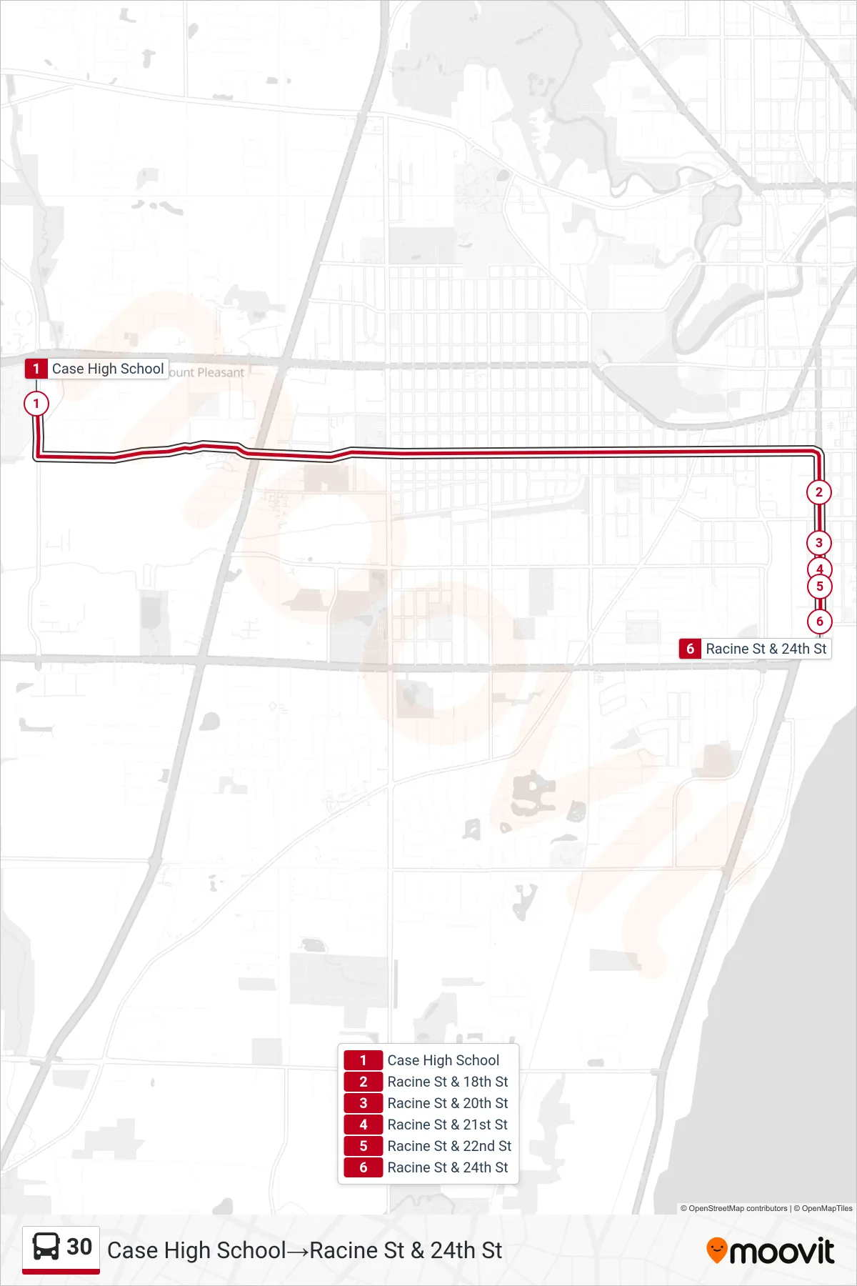30 bus Line (Case High School→Racine St & 24th St) route and stops on a map