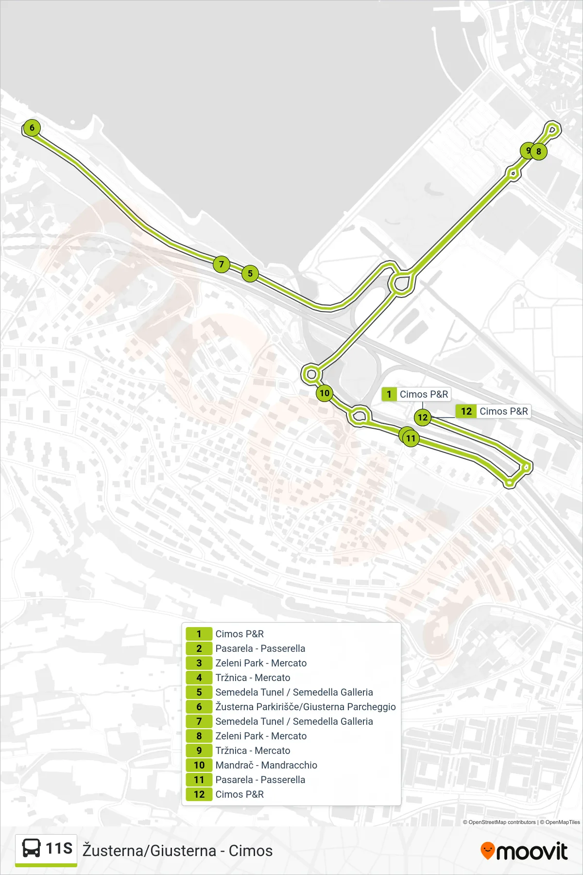 11S bus Line (Žusterna/Giusterna - Cimos) route and stops on a map