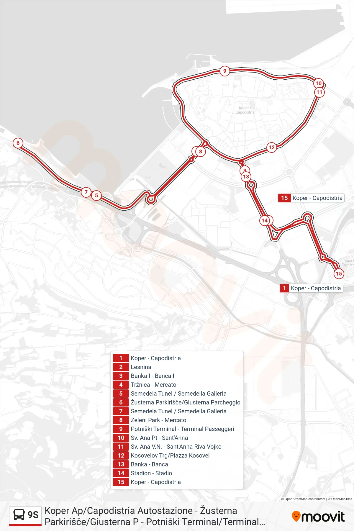 9S bus Line (Koper Ap/Capodistria Autostazione - Žusterna Parkirišče/Giusterna P - Potniški Terminal/Terminal Passeggeri -Koper Ap/Capodistria Autostazione) route and stops on a map
