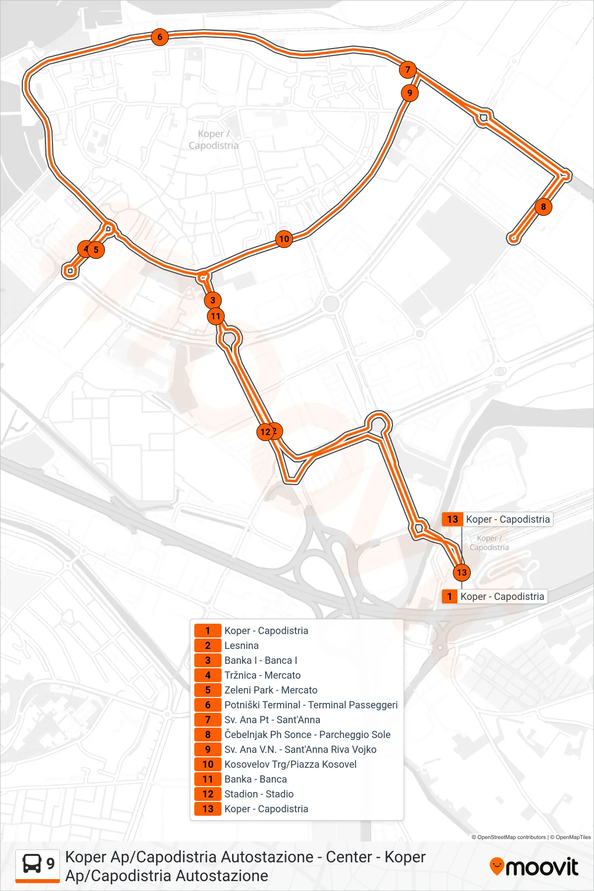 9 bus Line (Koper Ap/Capodistria Autostazione - Center - Koper Ap/Capodistria Autostazione) route and stops on a map