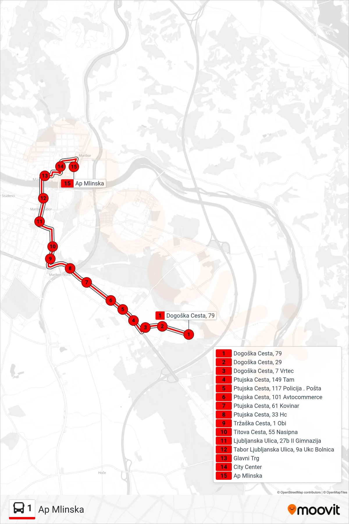1 bus Line (Ap Mlinska) route and stops on a map