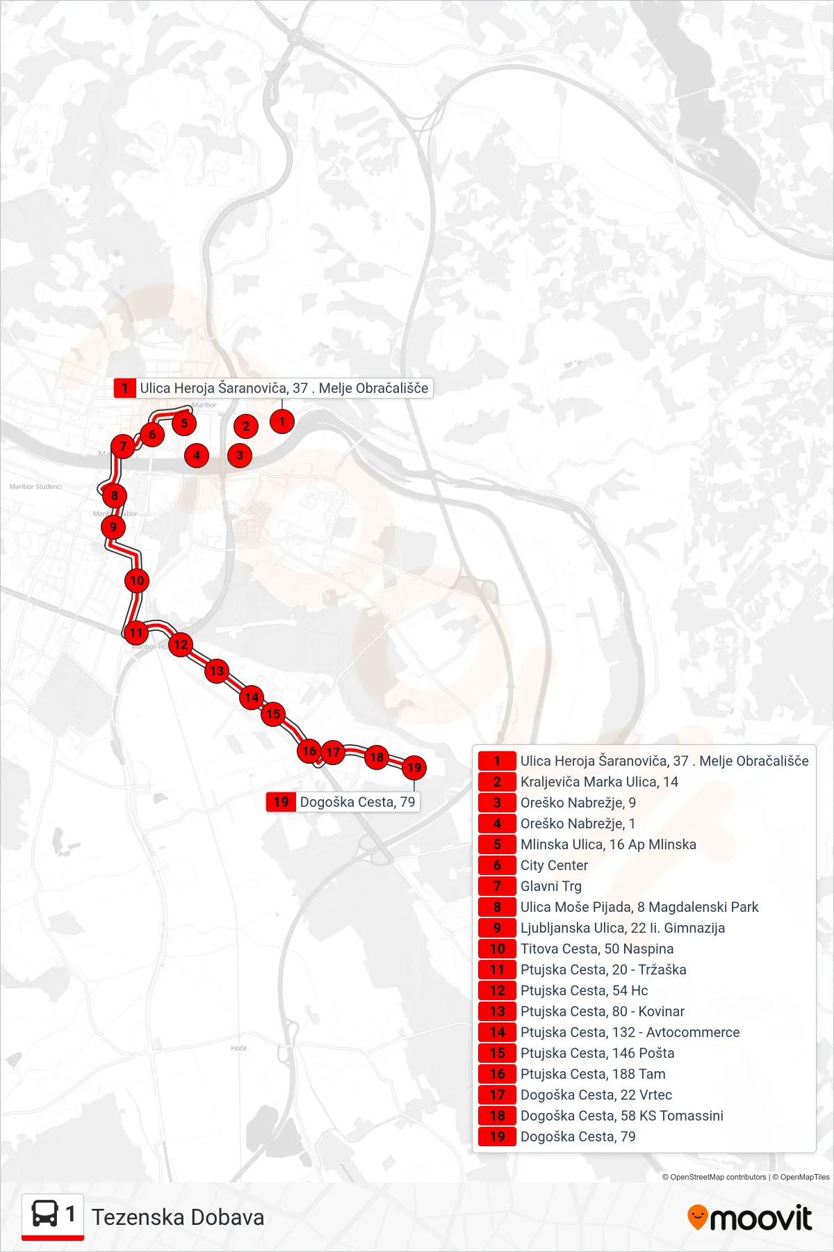 1 bus Line (Tezenska Dobava) route and stops on a map