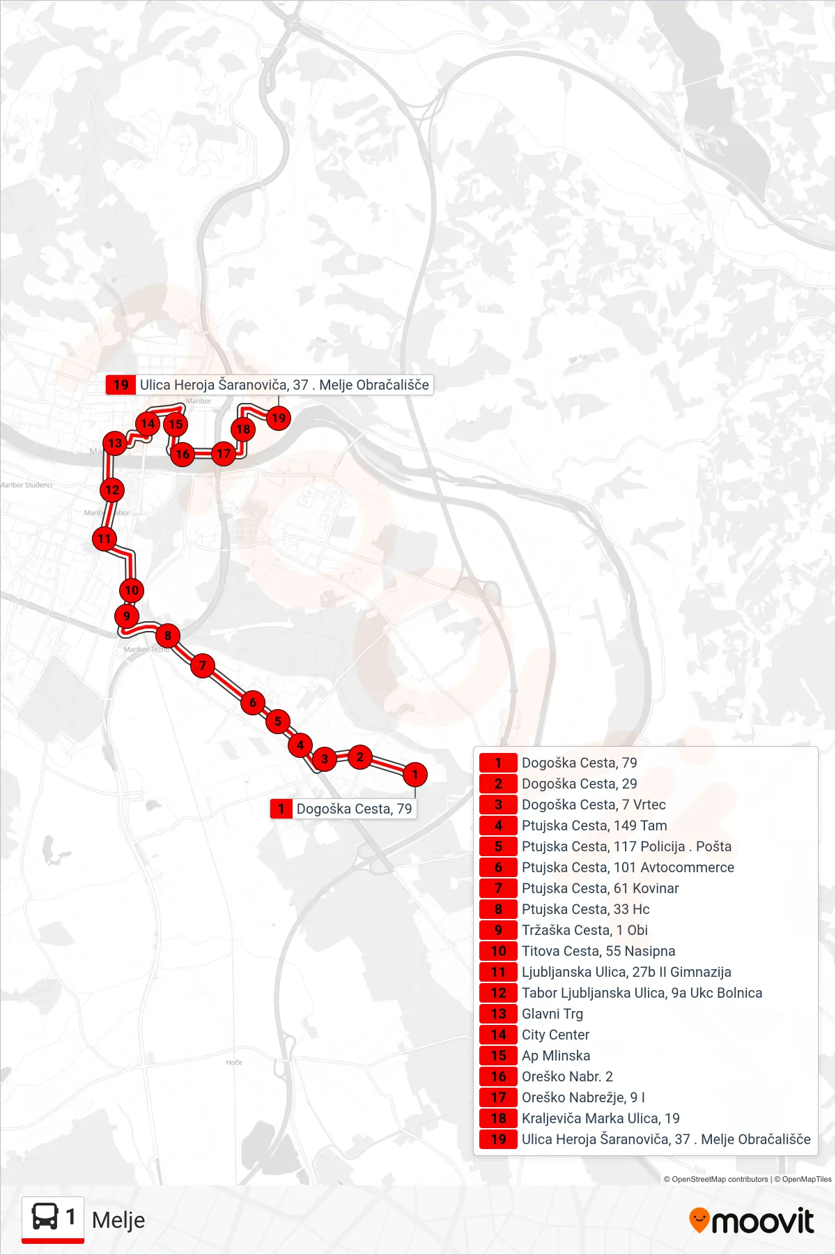 1 bus Line (Melje) route and stops on a map