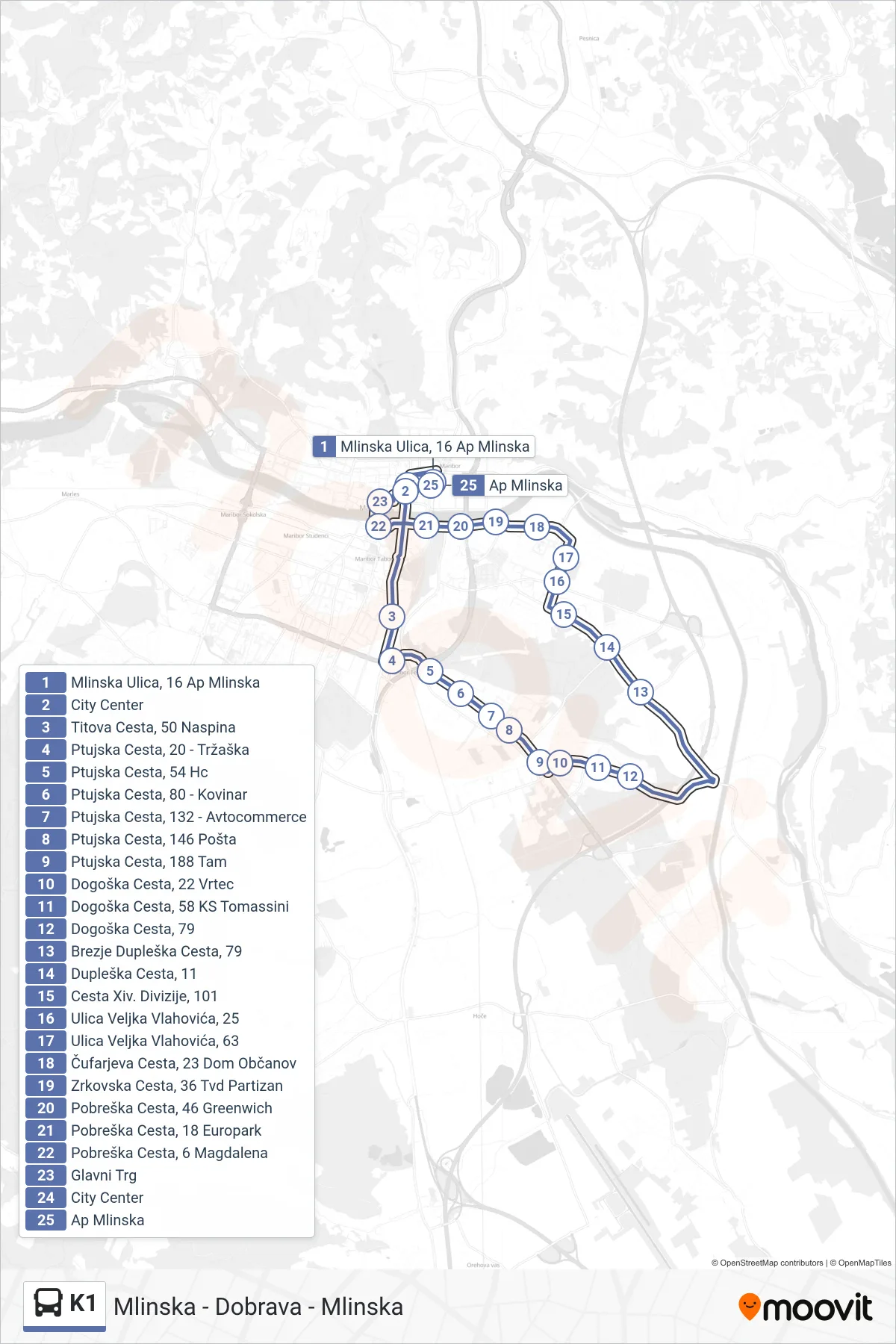 K1 bus Line (Mlinska - Dobrava - Mlinska) route and stops on a map