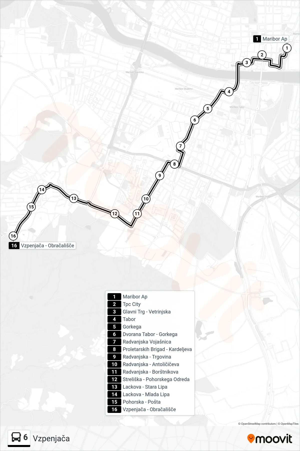 6 bus Line (Vzpenjača) route and stops on a map