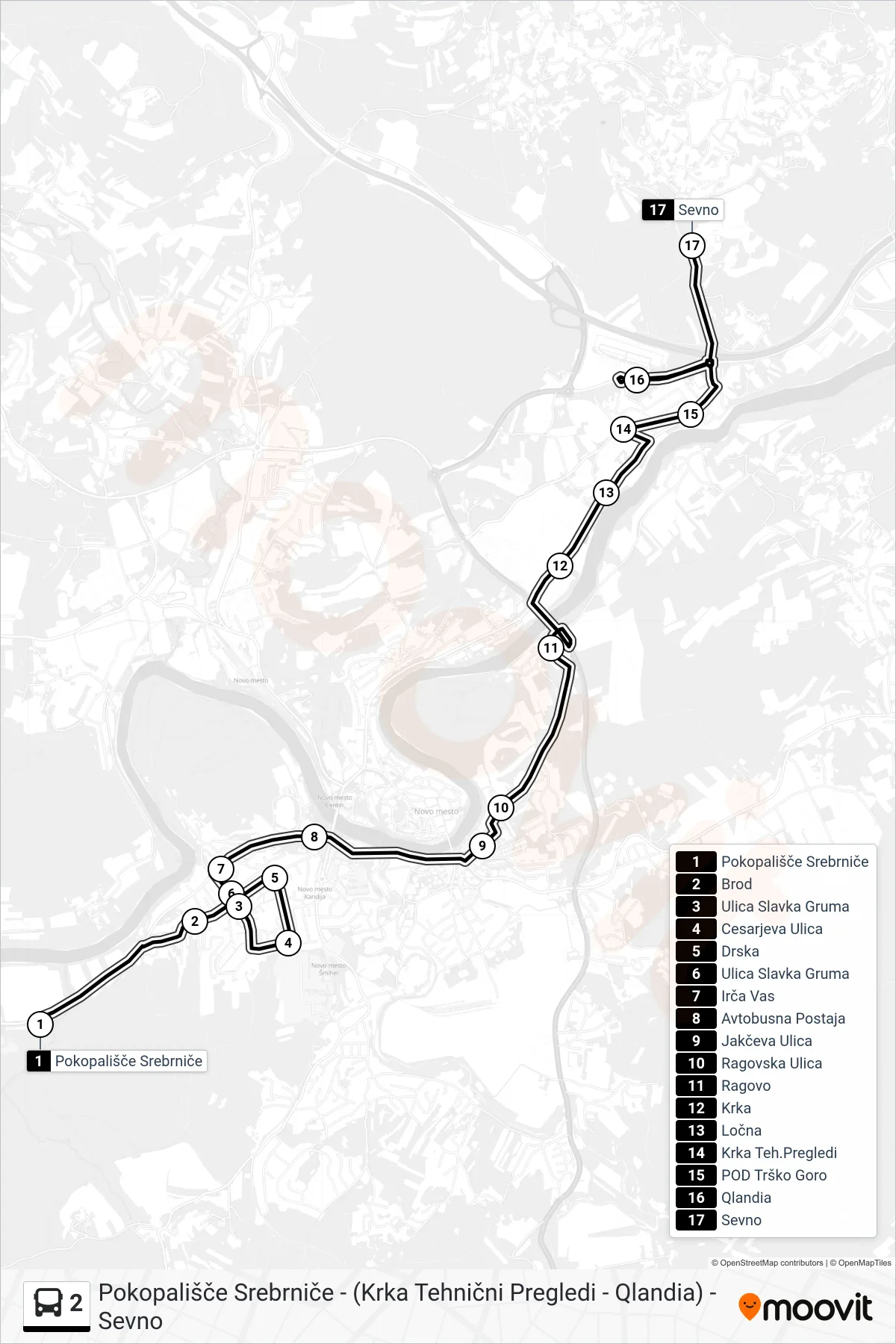 2 bus Line (Pokopališče Srebrniče - (Krka Tehnični Pregledi - Qlandia) - Sevno) route and stops on a map