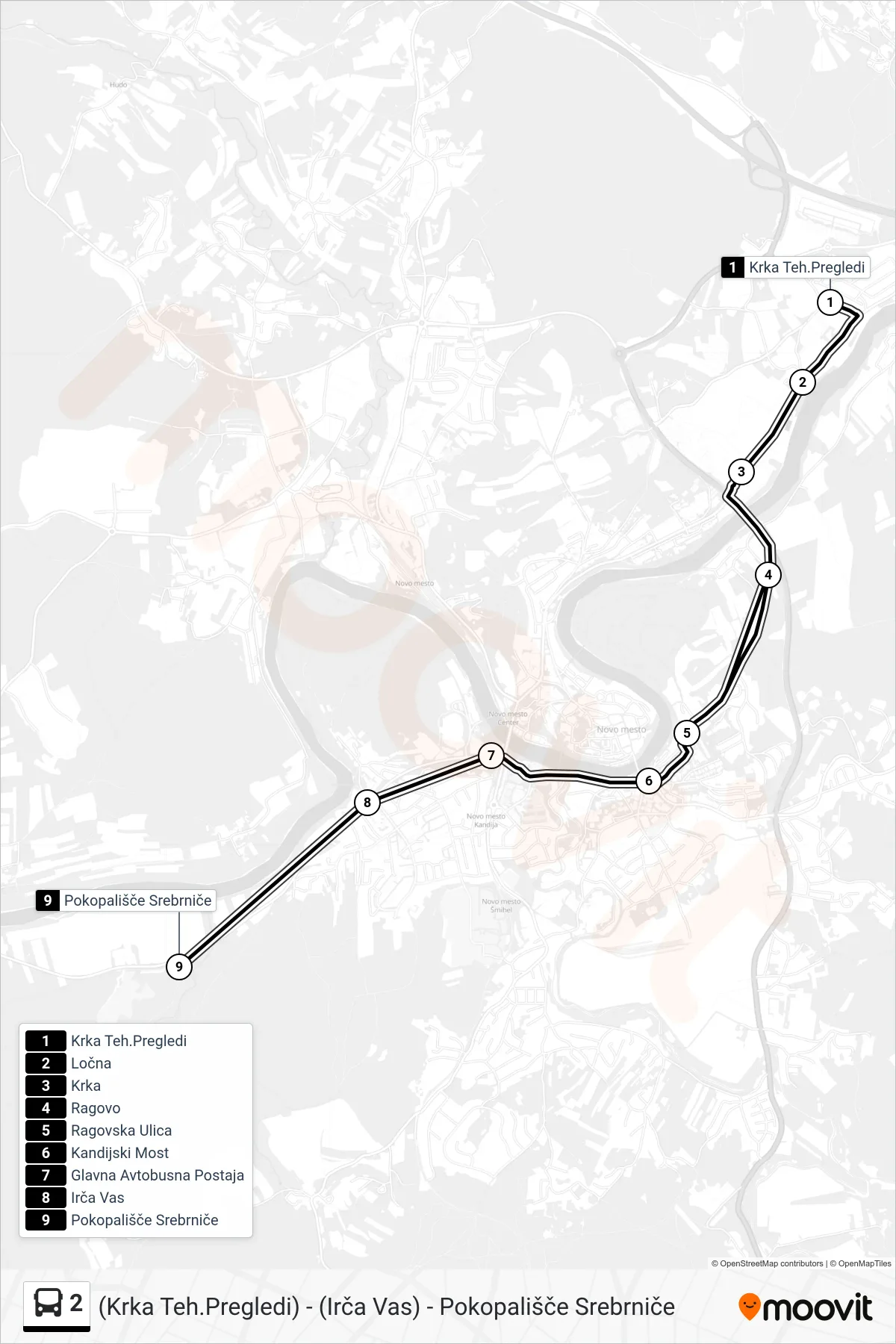 2 bus Line ((Krka Teh.Pregledi) - (Irča Vas) - Pokopališče Srebrniče) route and stops on a map