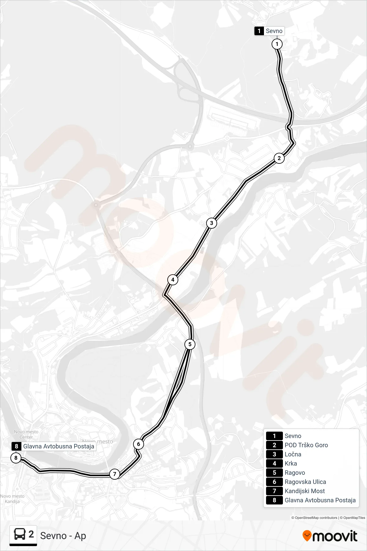 2 bus Line (Sevno - Ap) route and stops on a map