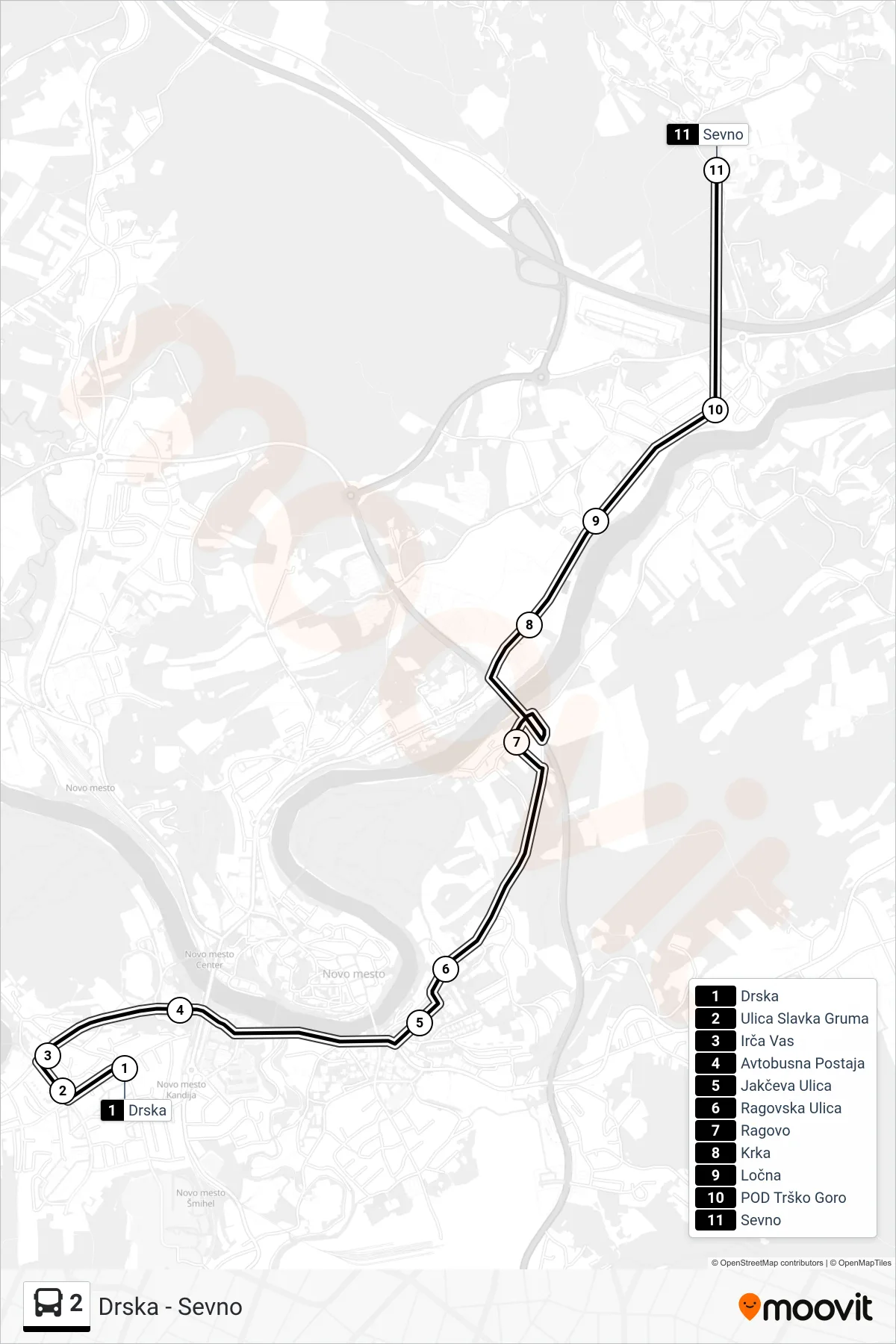 2 bus Line (Drska - Sevno) route and stops on a map