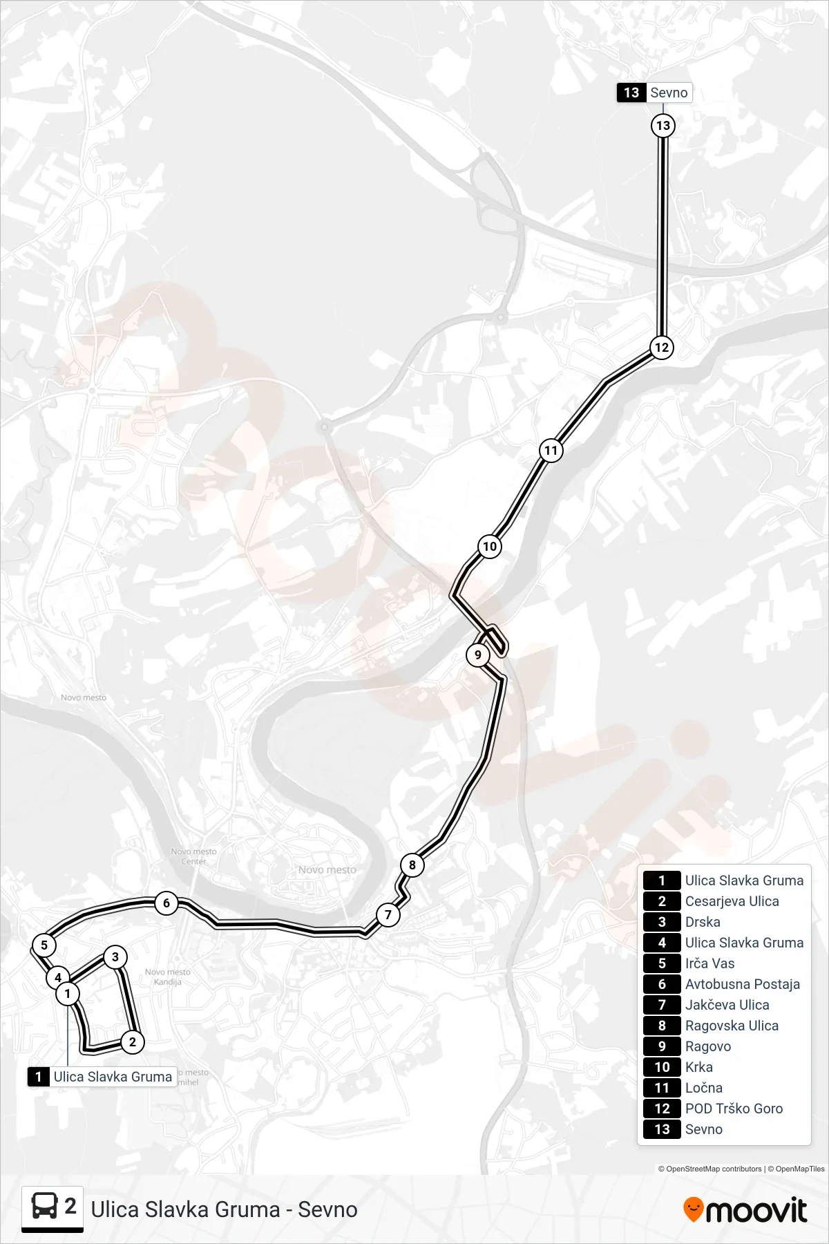 2 bus Line (Ulica Slavka Gruma - Sevno) route and stops on a map