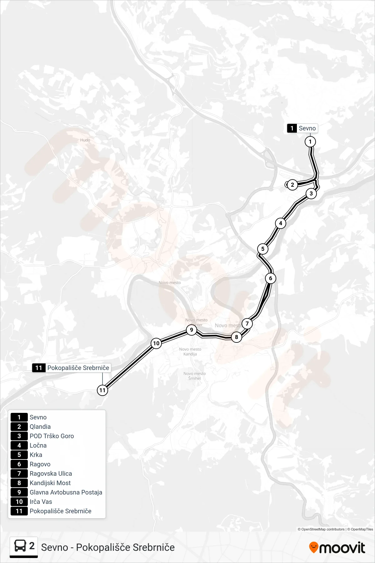 2 bus Line (Sevno - Pokopališče Srebrniče) route and stops on a map