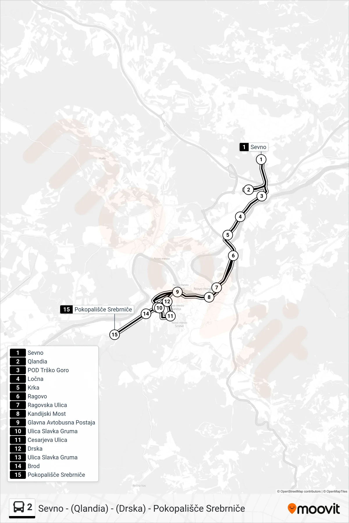 2 bus Line (Sevno - (Qlandia) - (Drska) - Pokopališče Srebrniče) route and stops on a map