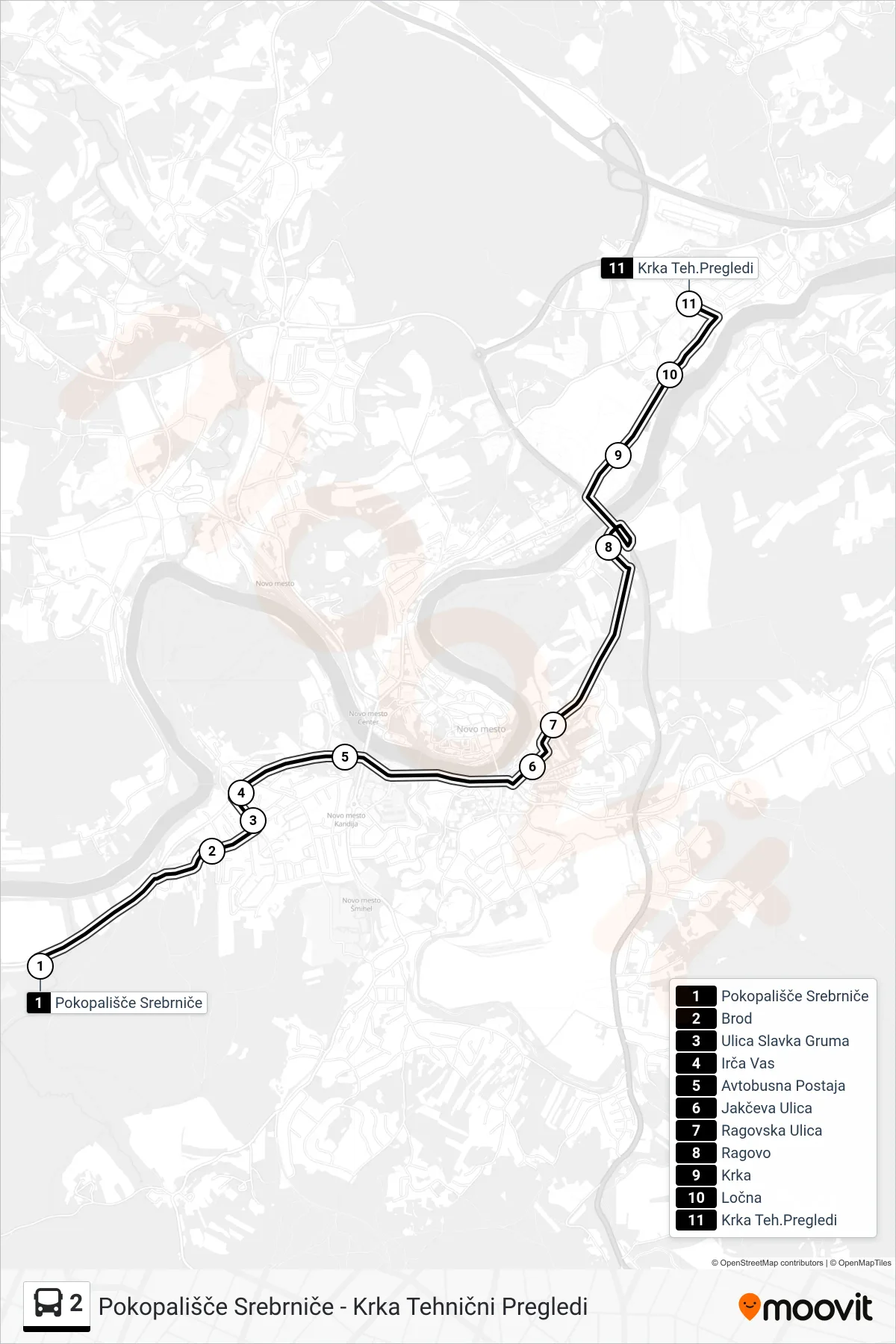2 bus Line (Pokopališče Srebrniče - Krka Tehnični Pregledi) route and stops on a map