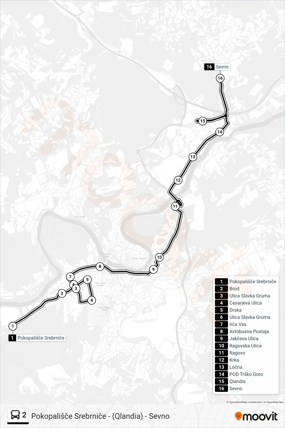 2 bus Line (Pokopališče Srebrniče - (Qlandia) - Sevno) route and stops on a map