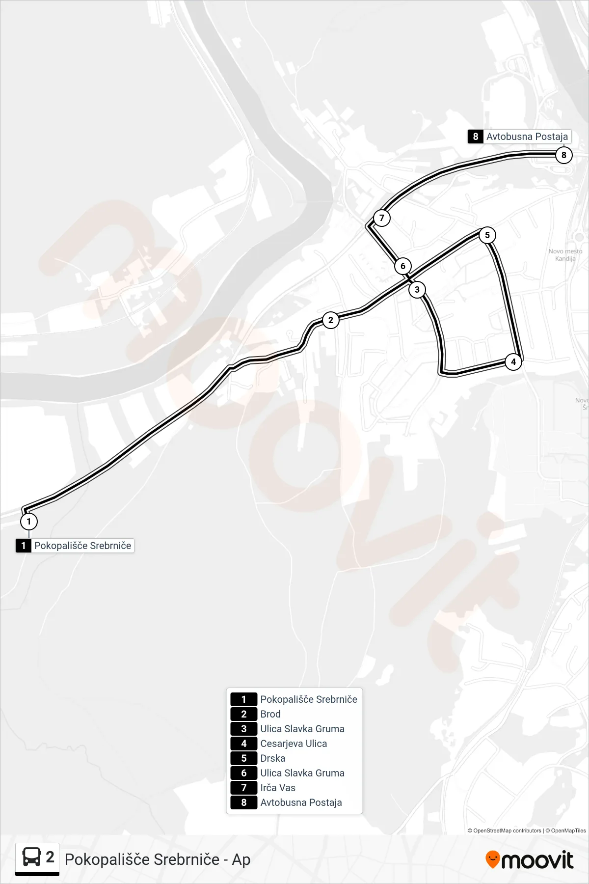 2 bus Line (Pokopališče Srebrniče - Ap) route and stops on a map