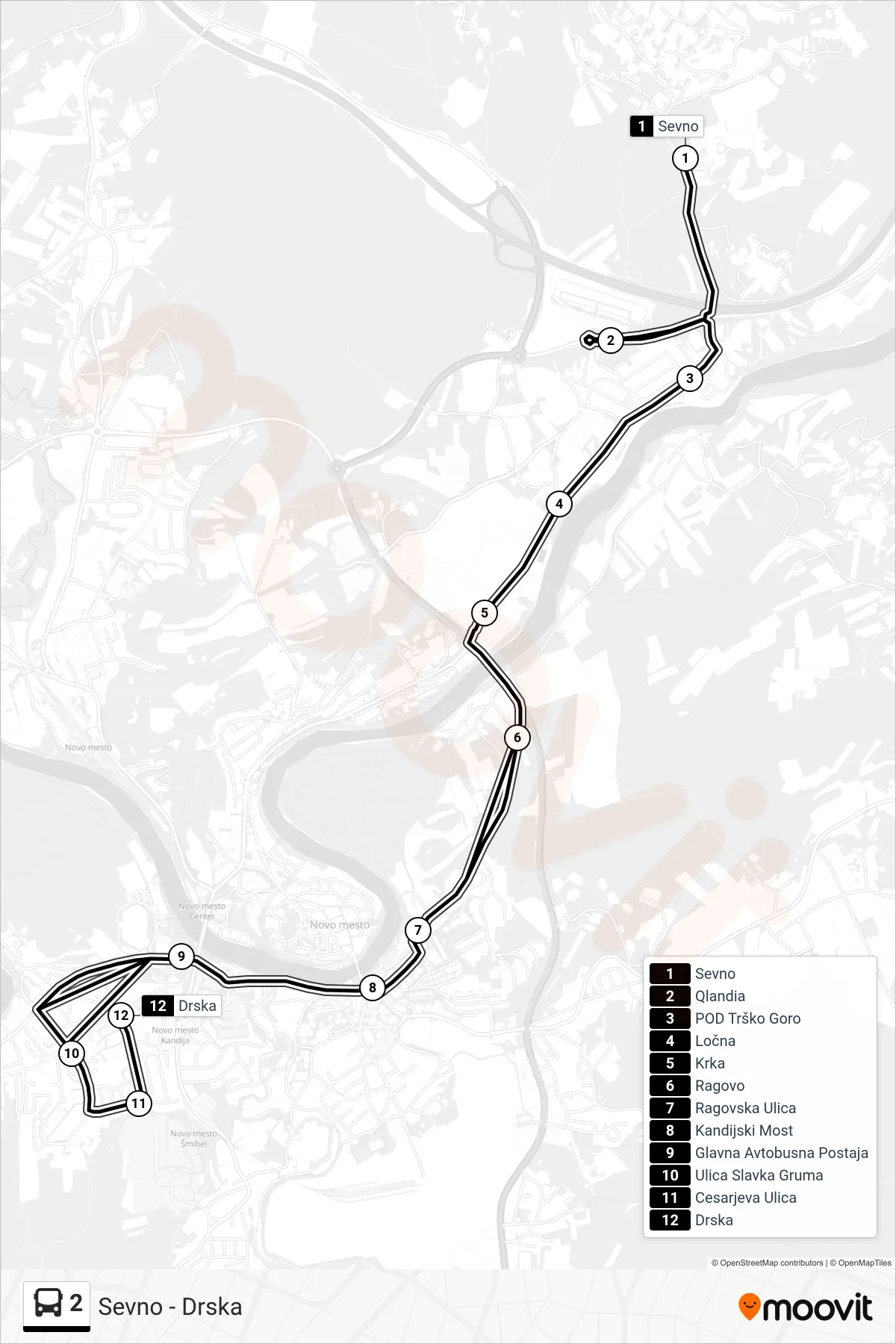 2 bus Line (Sevno - Drska) route and stops on a map