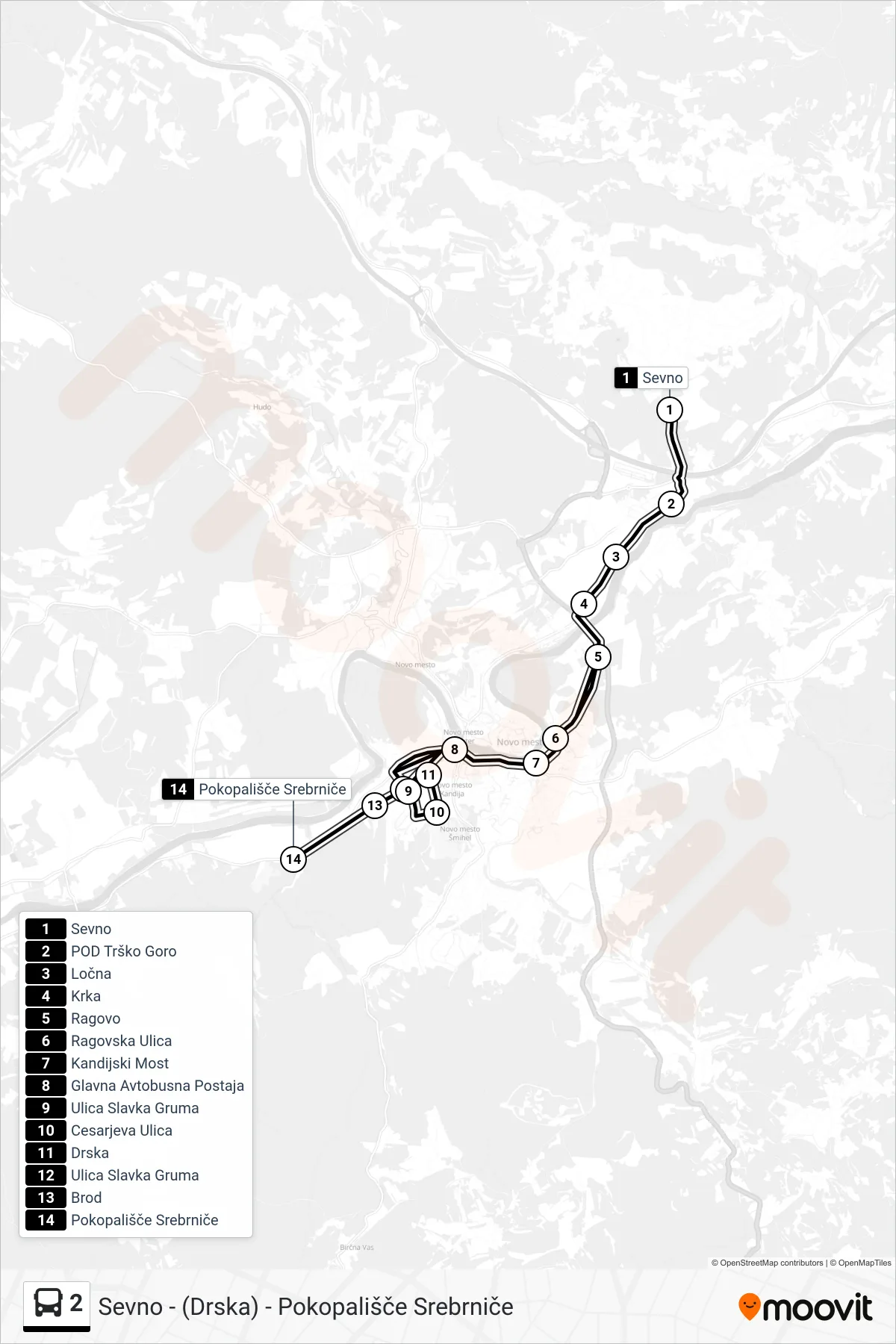 2 bus Line (Sevno - (Drska) - Pokopališče Srebrniče) route and stops on a map