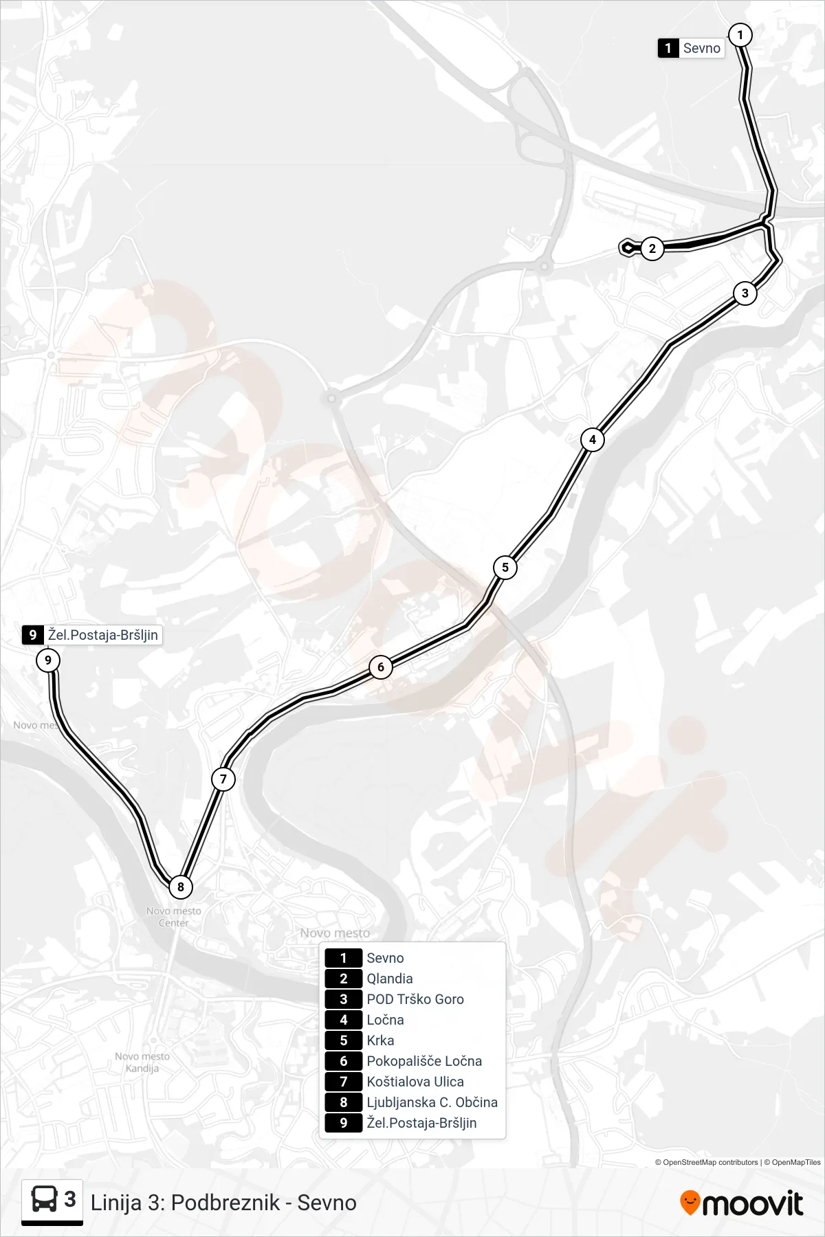 3 bus Line (Sevno - Žp Bršljin) route and stops on a map