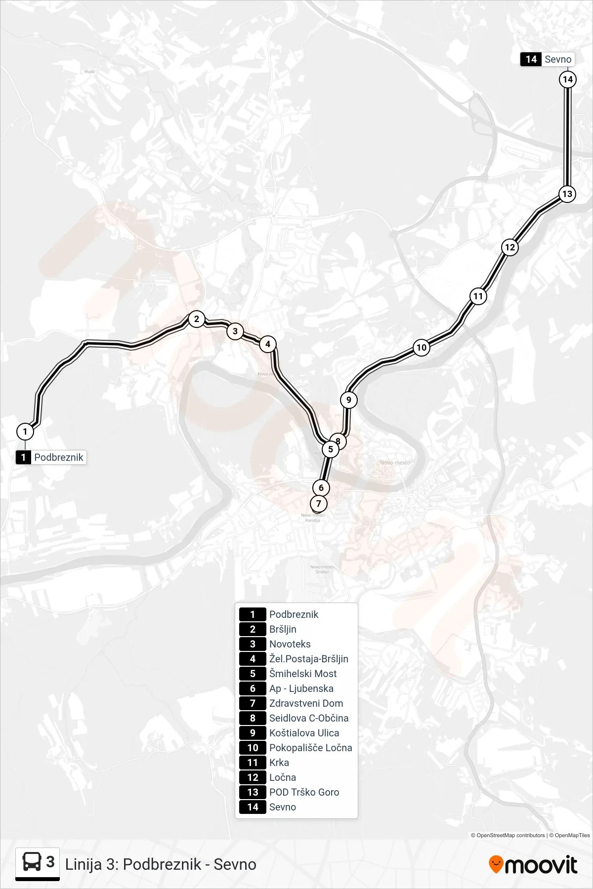 3 bus Line (Podbreznik - Zdr. Dom - Sevno) route and stops on a map