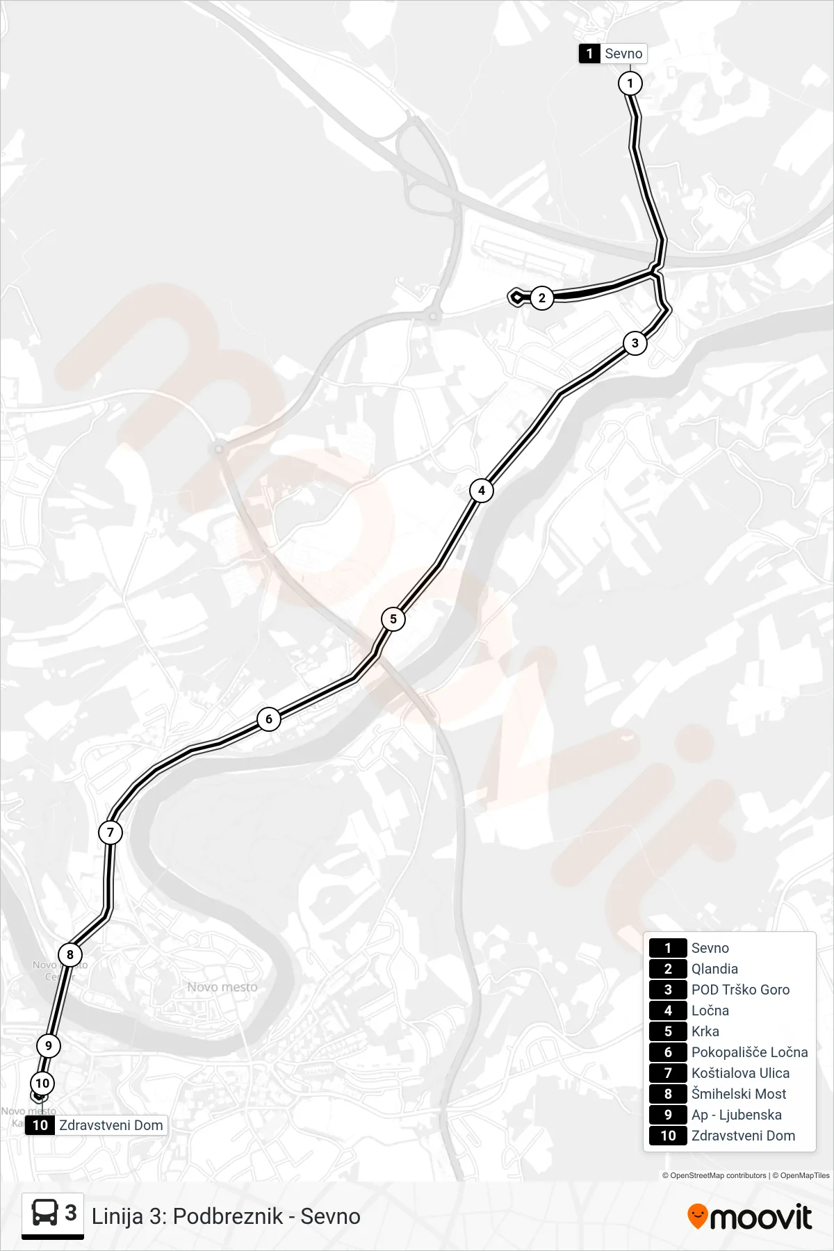 3 bus Line (Sevno - (Qlandia) - Zdr. Dom) route and stops on a map