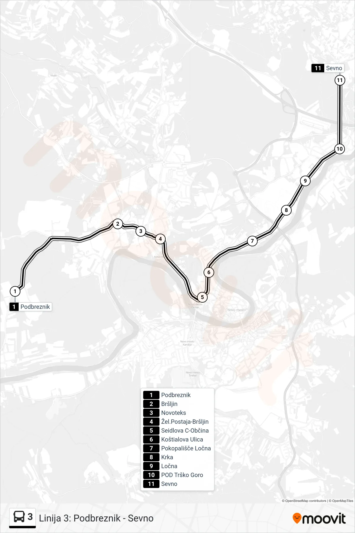 3 bus Line (Podbreznik - Sevno) route and stops on a map
