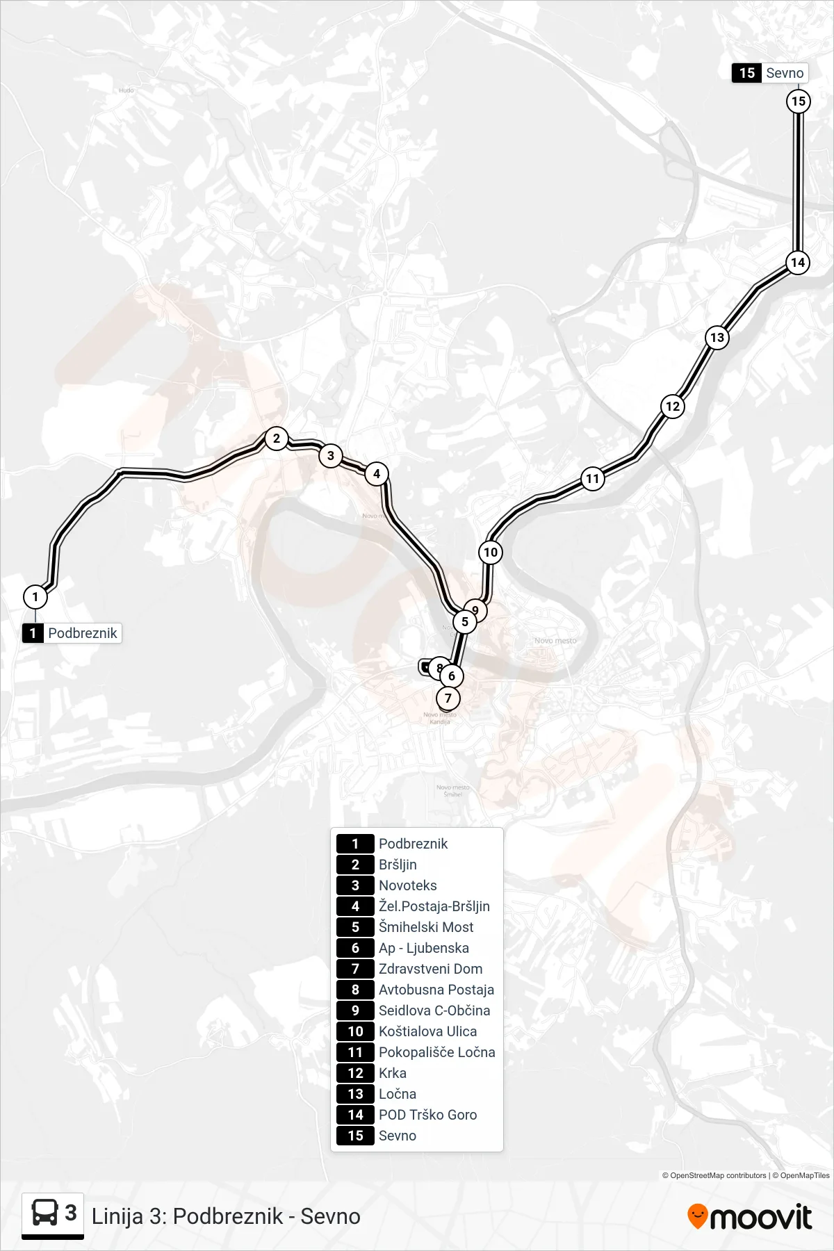 3 bus Line (Podbreznik - Zdr. Dom - (Ap) - Sevno) route and stops on a map