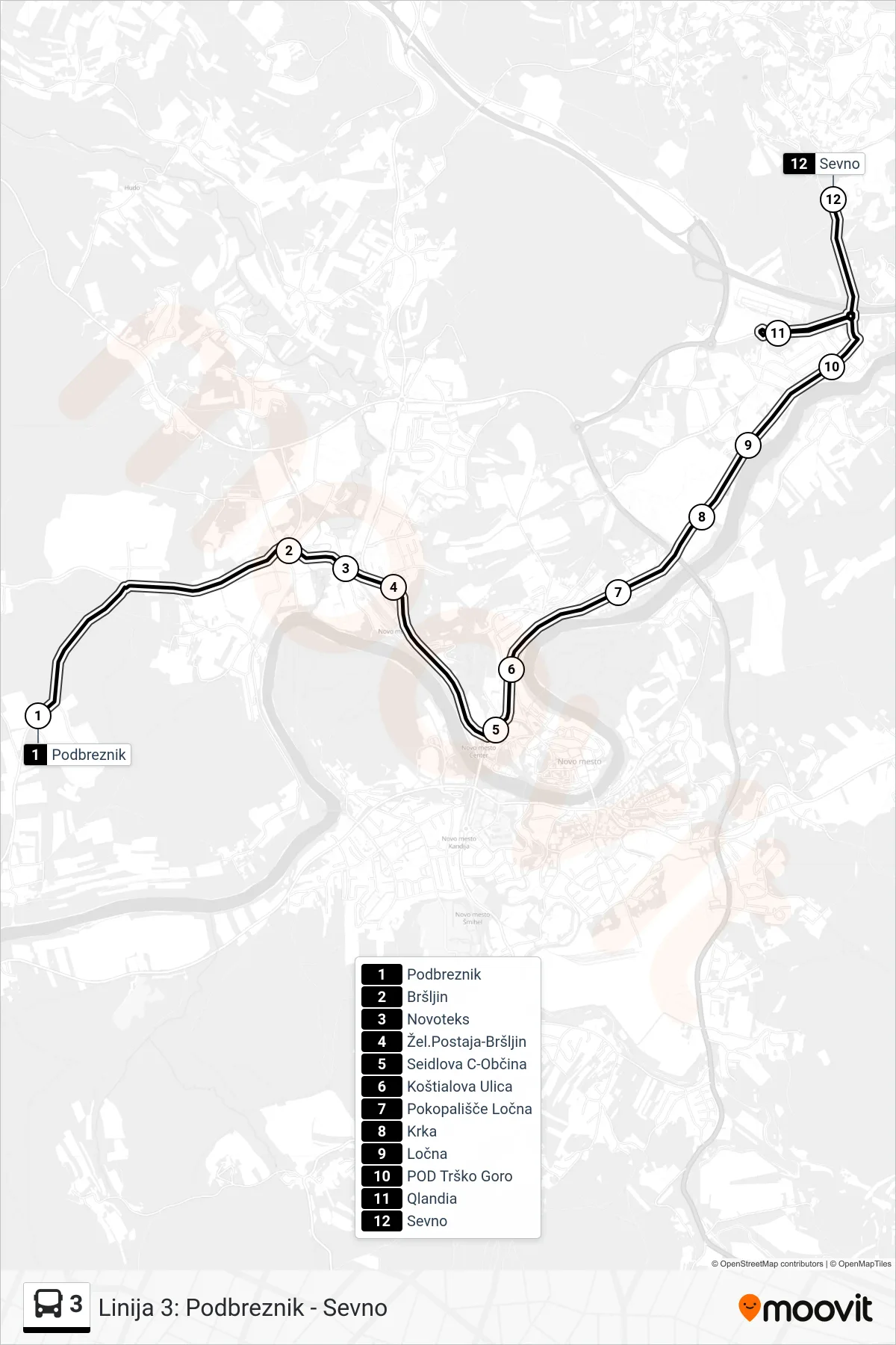 3 bus Line (Podbreznik - (Qlandia) - Sevno) route and stops on a map