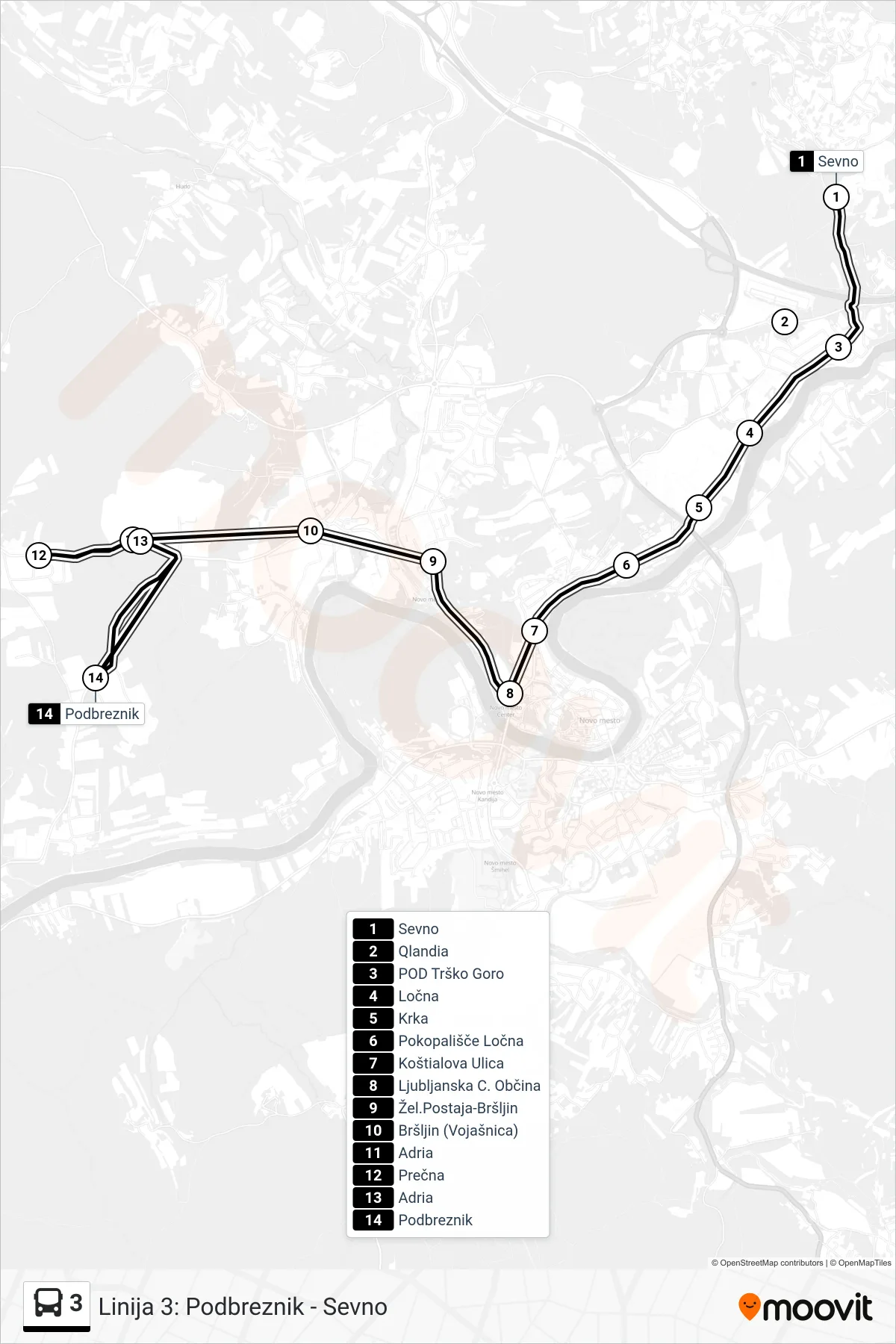 3 bus Line (Sevno - Podbreznik) route and stops on a map