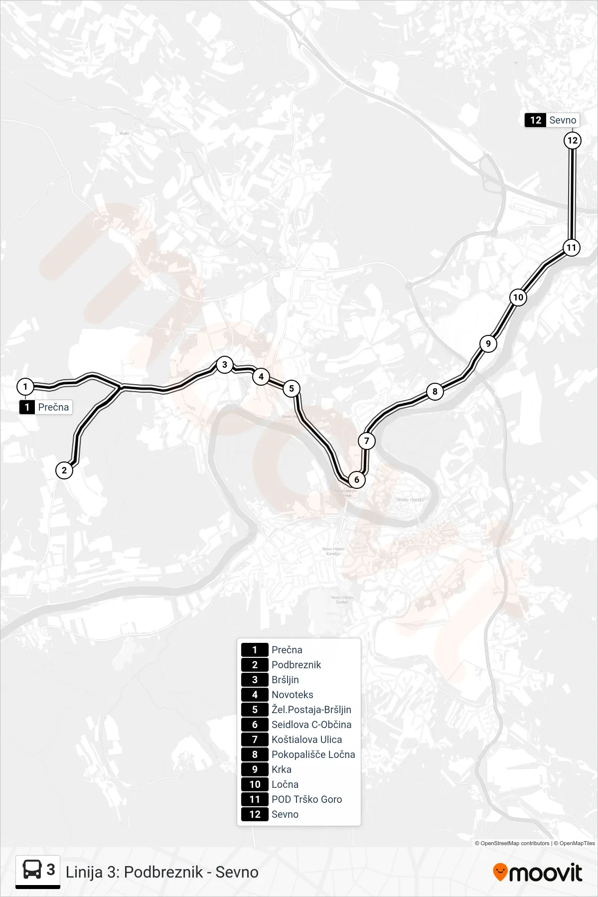 3 bus Line (Prečna - Sevno) route and stops on a map