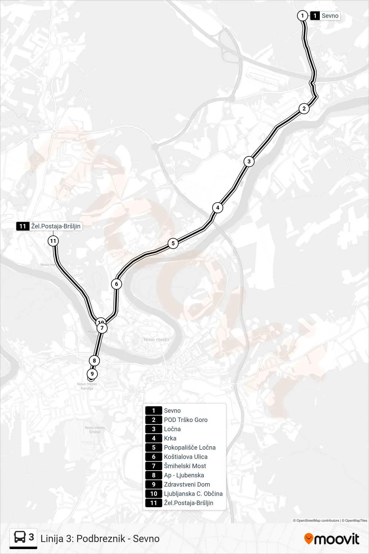 3 bus Line (Sevno - Zdr. Dom - Žp Bršljin) route and stops on a map