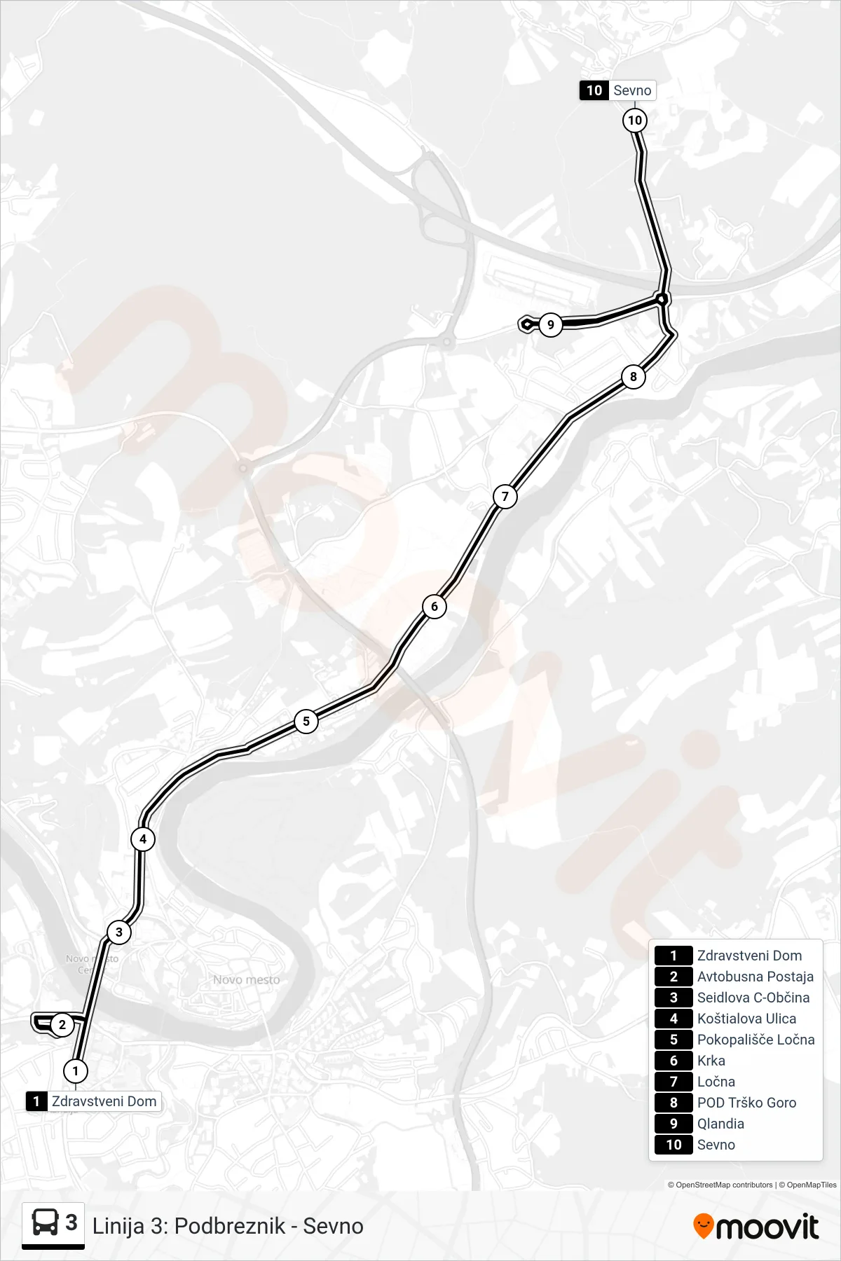3 bus Line (Zd - (Qlandia) - Sevno) route and stops on a map