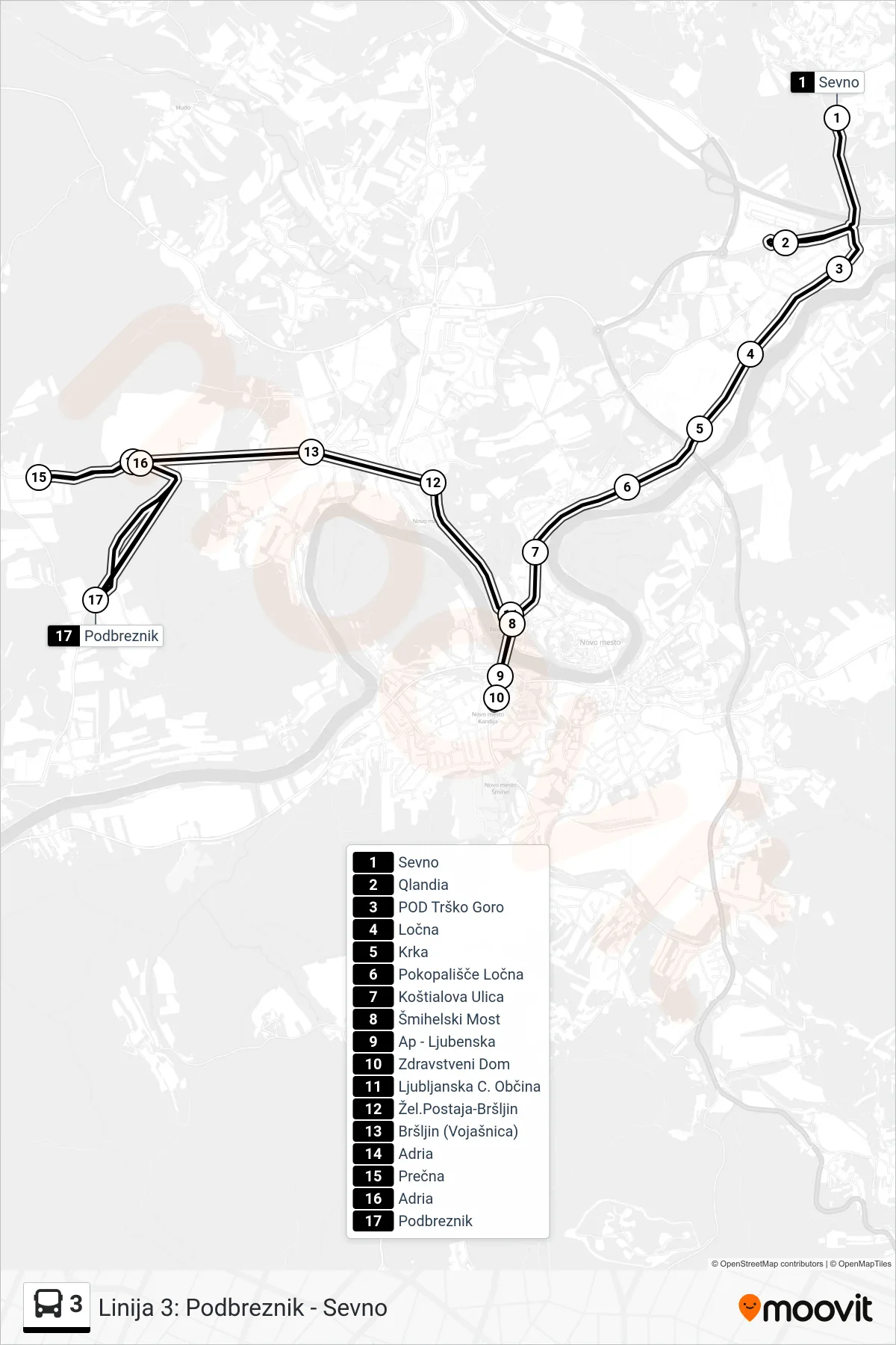 3 bus Line (Sevno - (Qlandia) - Zdr. Dom - Podbreznik) route and stops on a map