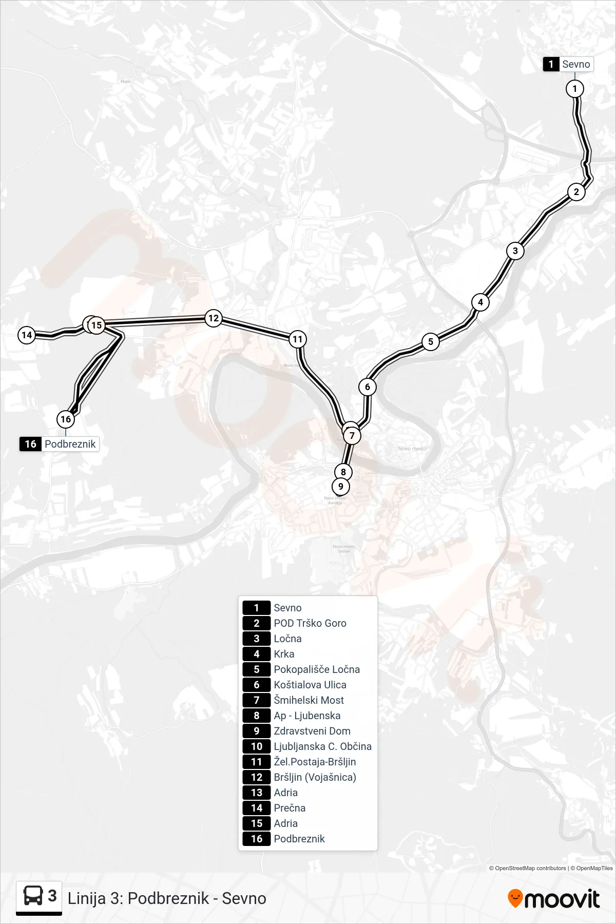 3 bus Line (Sevno - Zdr. Dom - Podbreznik) route and stops on a map