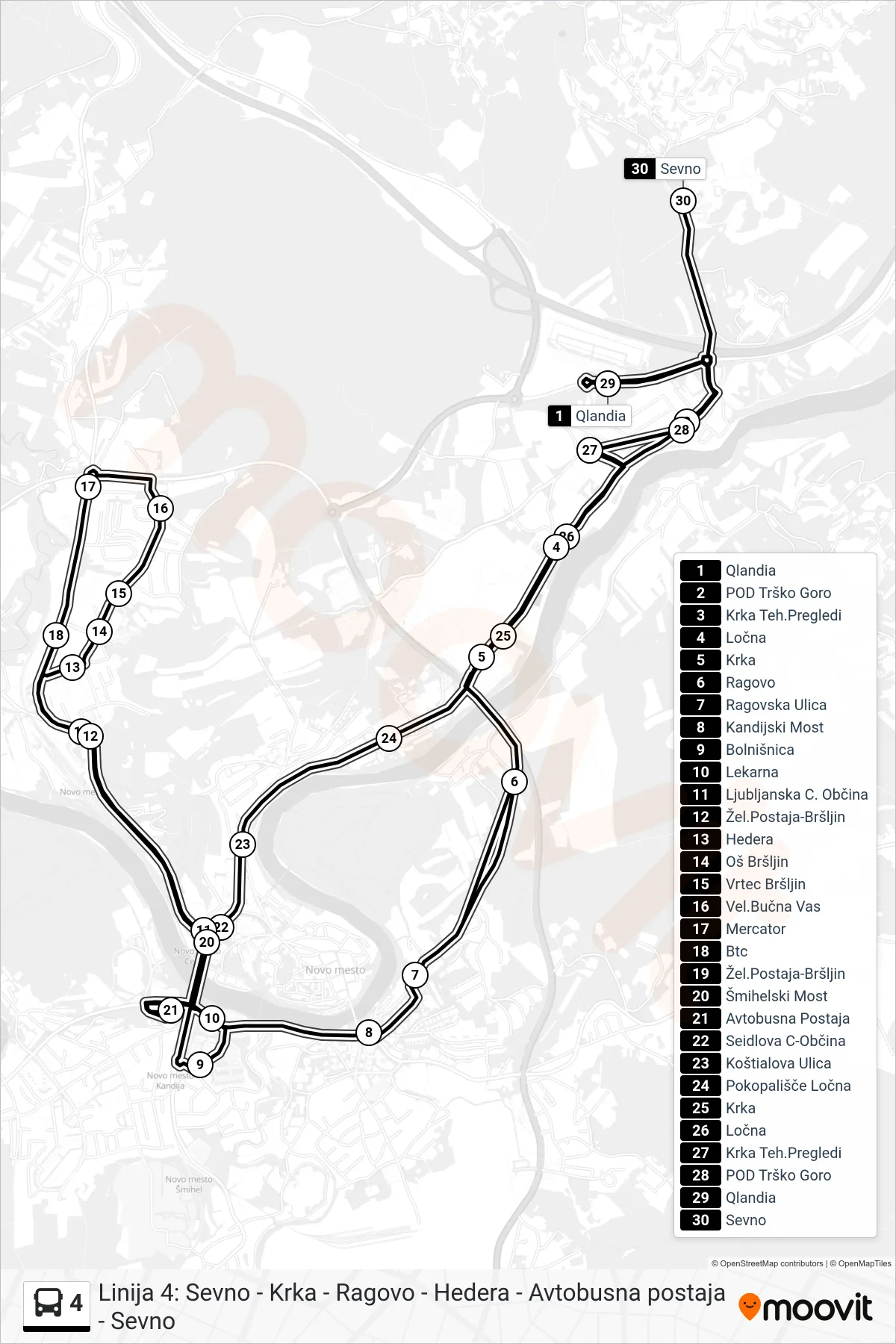 4 bus Line (Qlandia - Bolnica - Bršljin - Ap - (Krka Teh.Pregledi) - (Qlandia) - Sevno) route and stops on a map