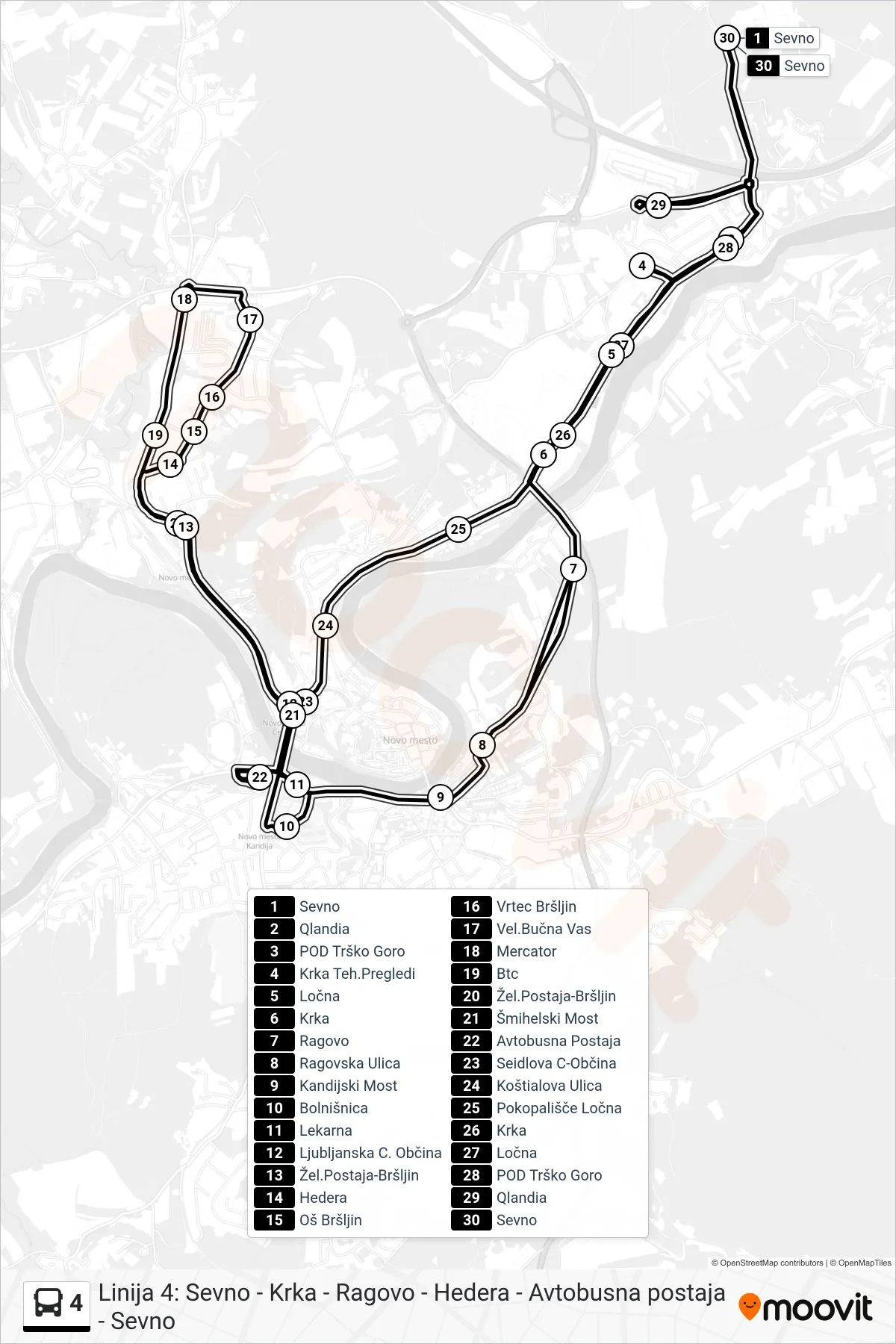 4 bus Line (Sevno - Bolnica - Bršljin - Ap - Sevno) route and stops on a map