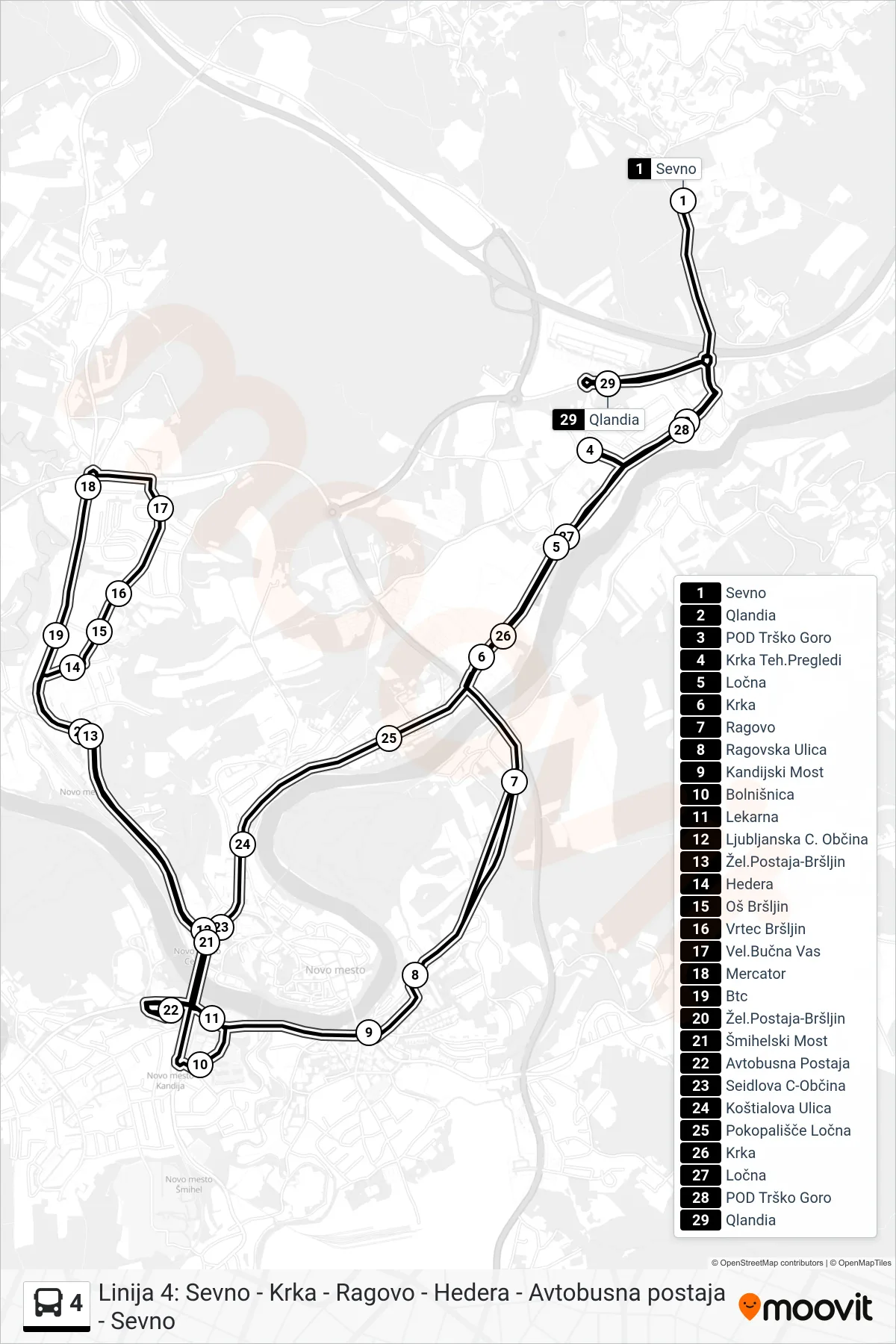 4 bus Line (Sevno - Bolnica - Bršljin - Ap - Qlandia) route and stops on a map