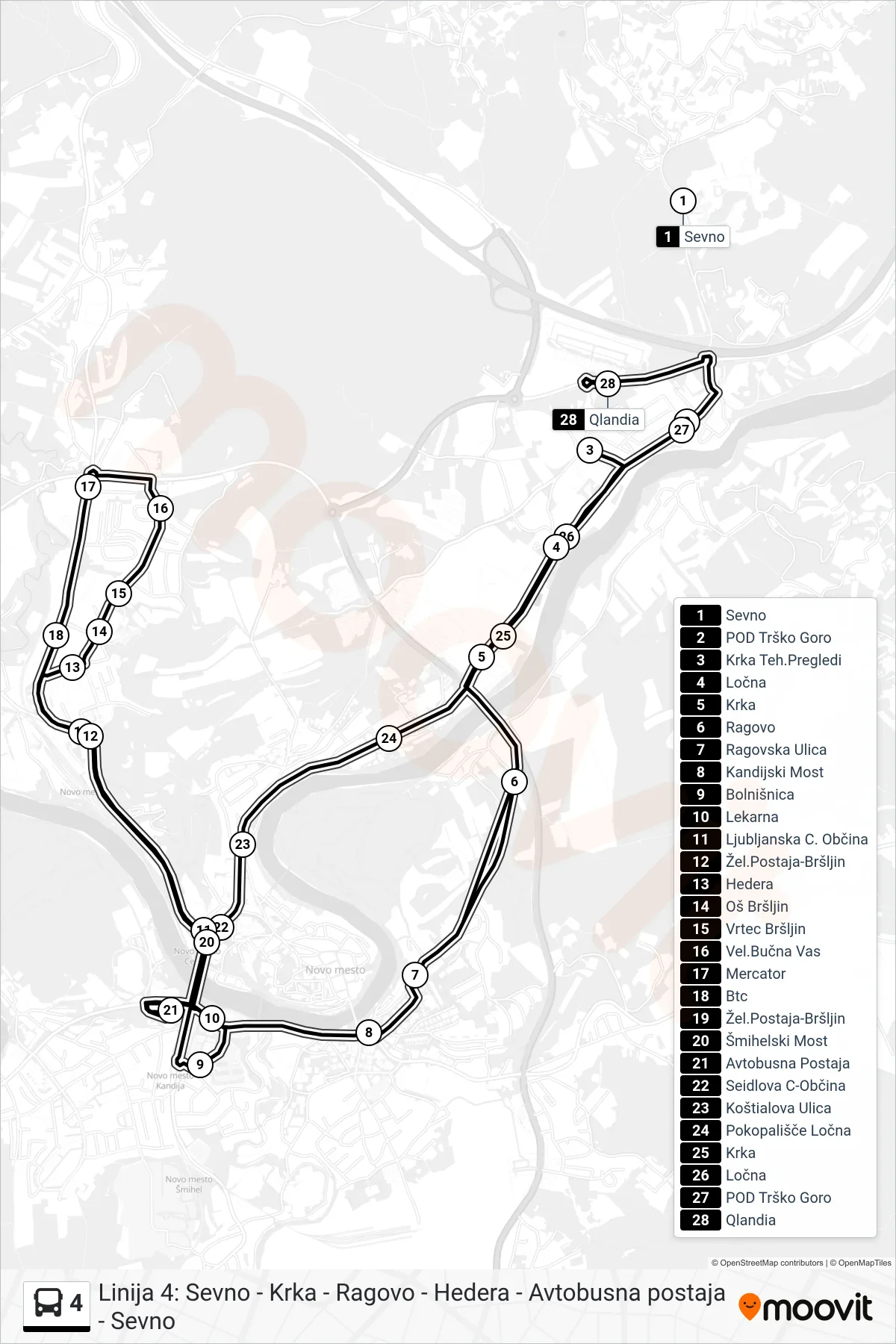 4 bus Line ((Krka Teh.Pregledi) - Bolnica - Bršljin - Ap - Qlandia) route and stops on a map