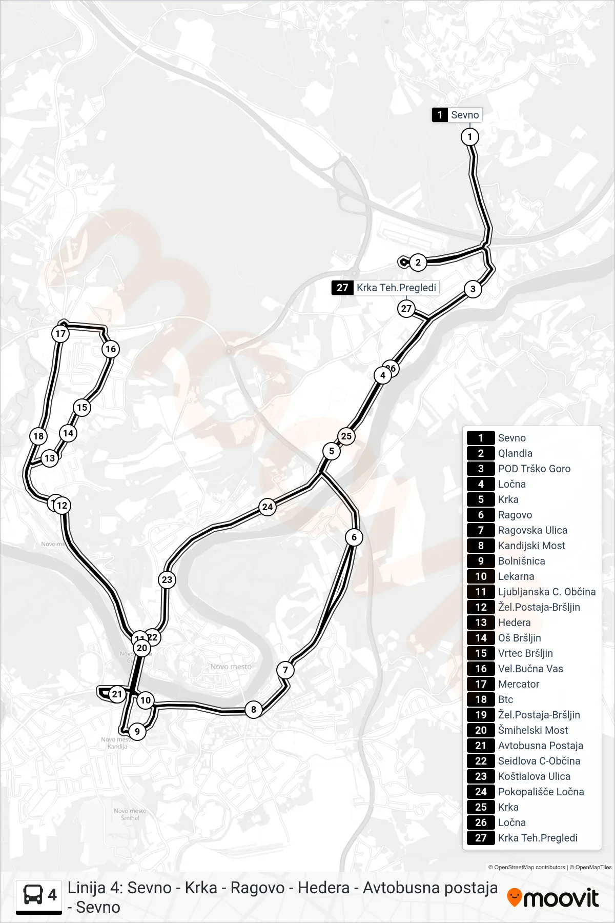 4 bus Line (Sevno - Bolnica - Bršljin - Ap - (Krka Teh.Pregledi)) route and stops on a map